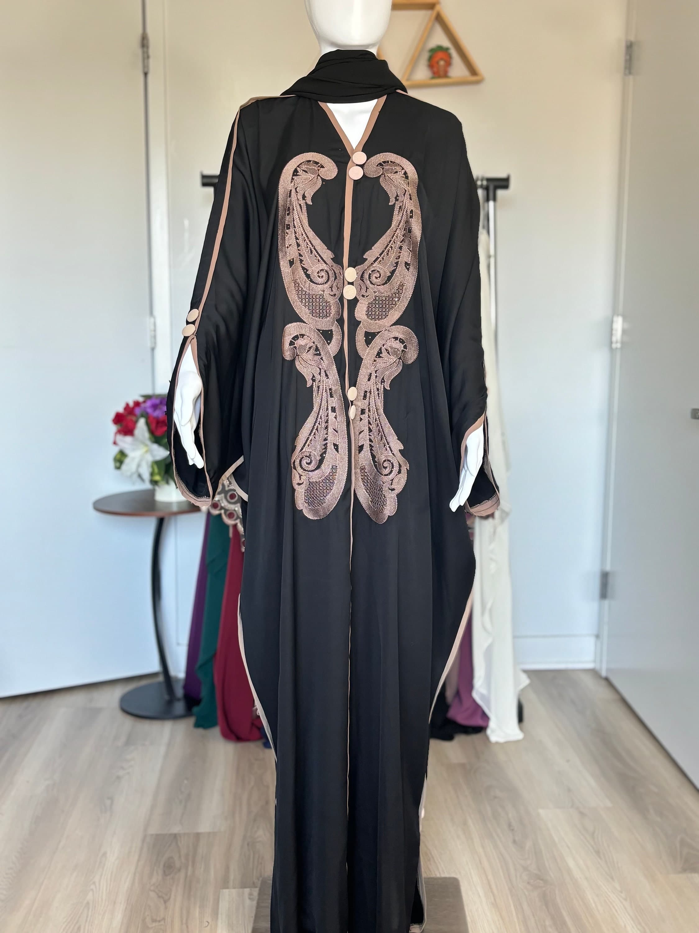 Black Nida Abaya with Rose Gold Embroidery | Elegant Closed Abaya - image 3