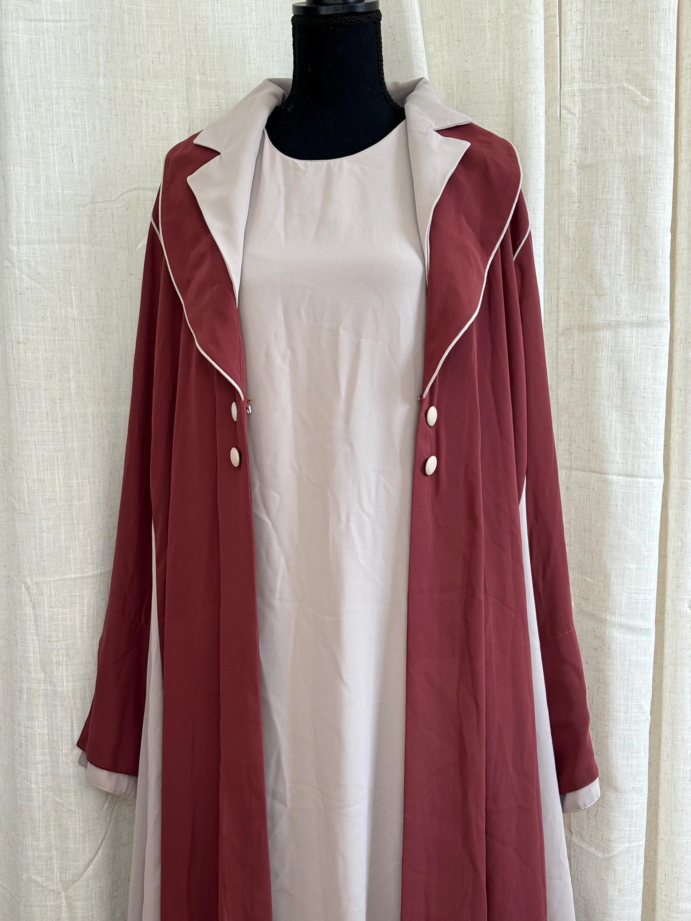 Two-Tone Abaya with Lapel Design, Maroon & Beige, Modest Dress - image 3