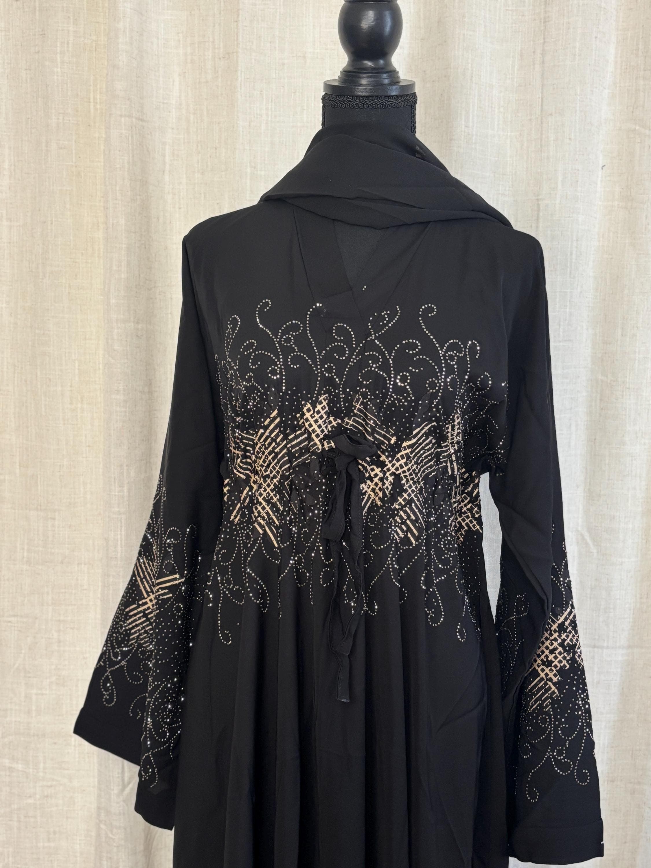 Rhinestone Embellished Black Umbrella Abaya - Elegant Batwing Dress - image 4