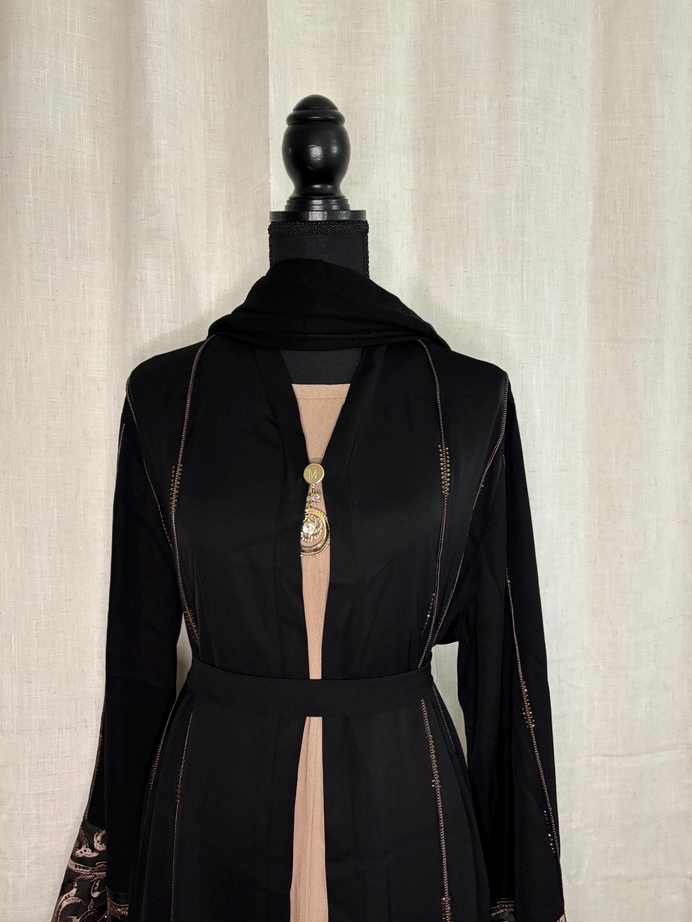 Rawda black and beige abaya with golden lace sleeves, Ramadan outfit , Modest evening dress - image 4