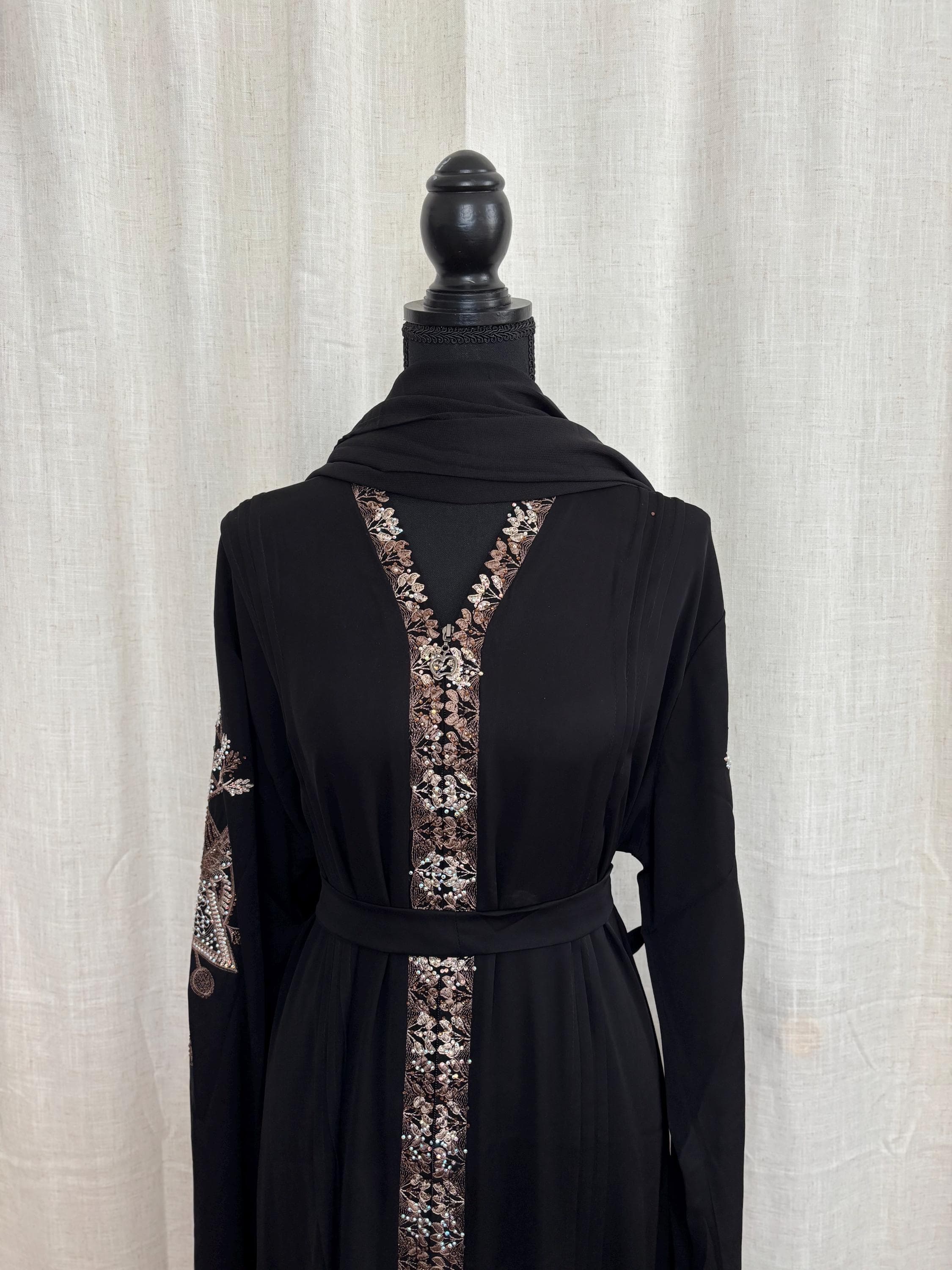 Embroidered Abaya with Belt & Hijab | Dubai Handwork Muslim Dress - image 3