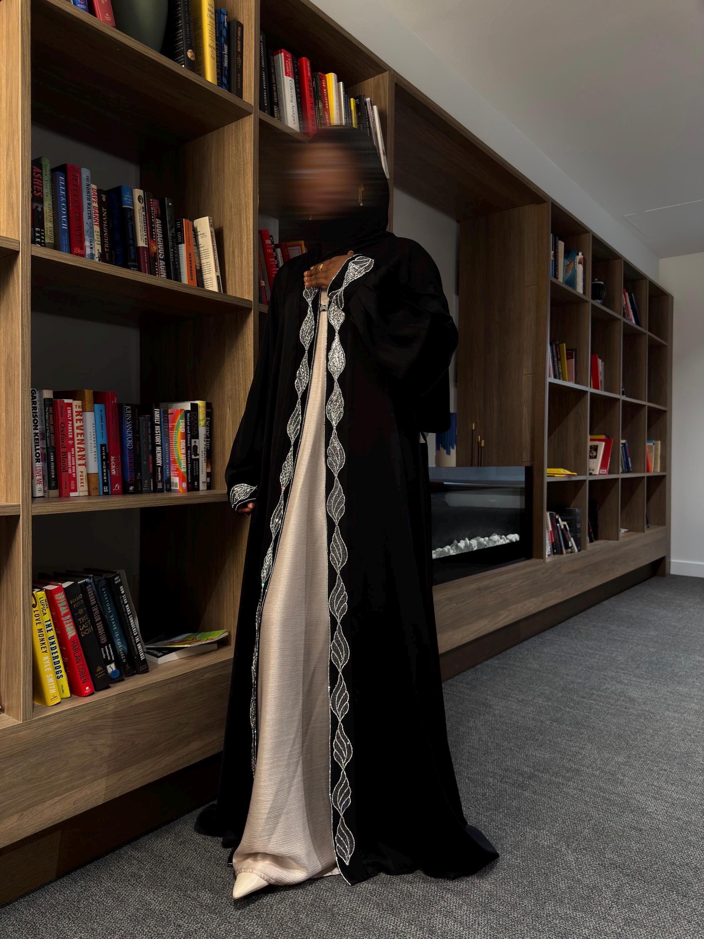Black Open Abaya Embroidered with Crystal Bead