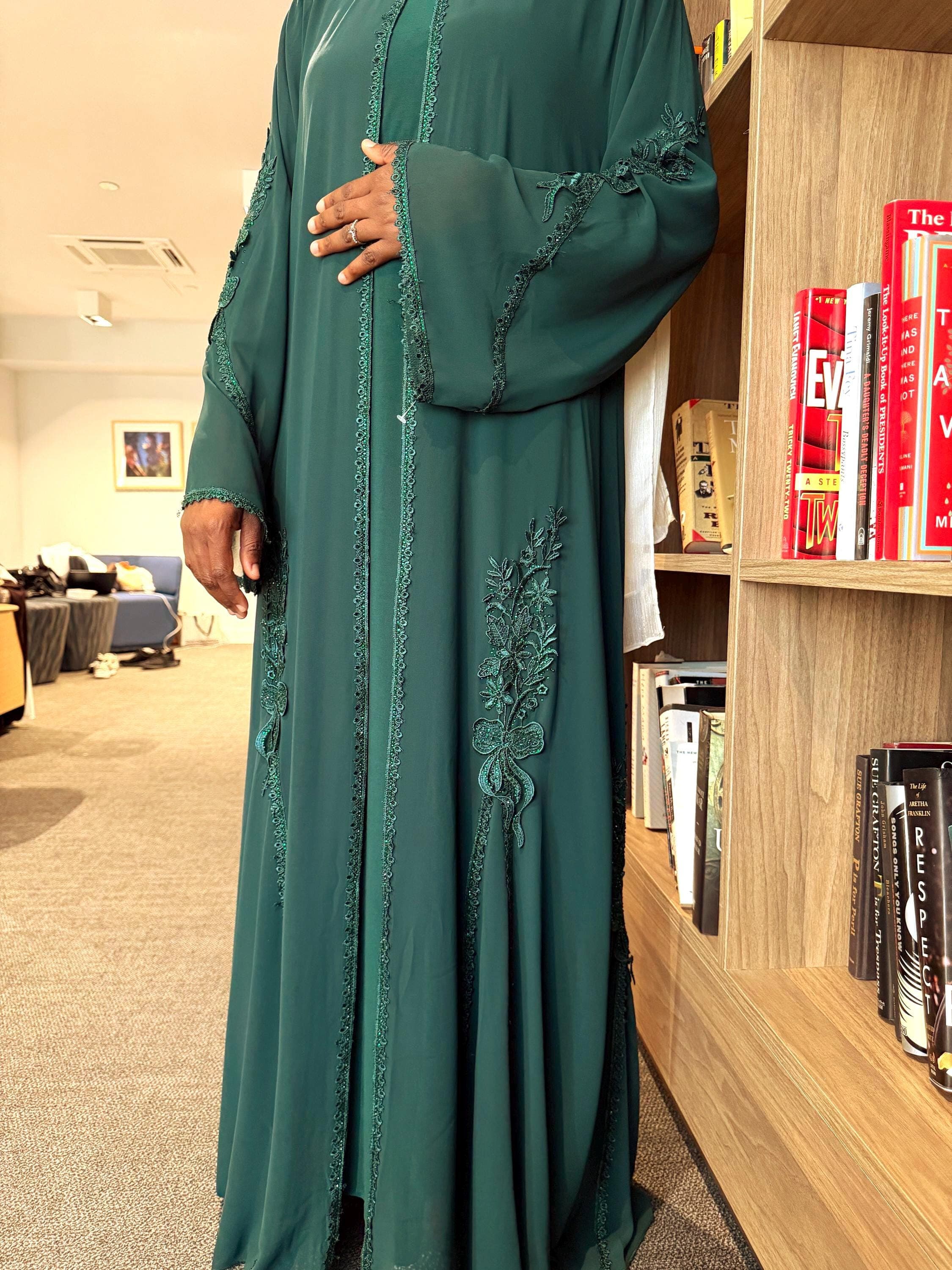Green Embroidered lace Abaya - image 3