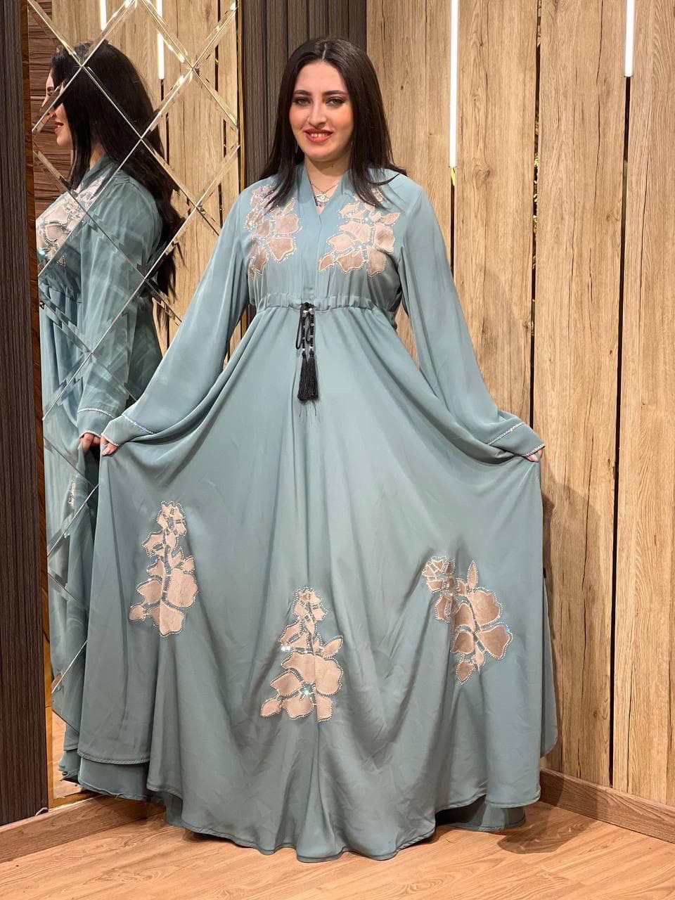 Sage Green Floral Embroidered Abaya for Women, Modest Closed Abaya, Eid Outfit