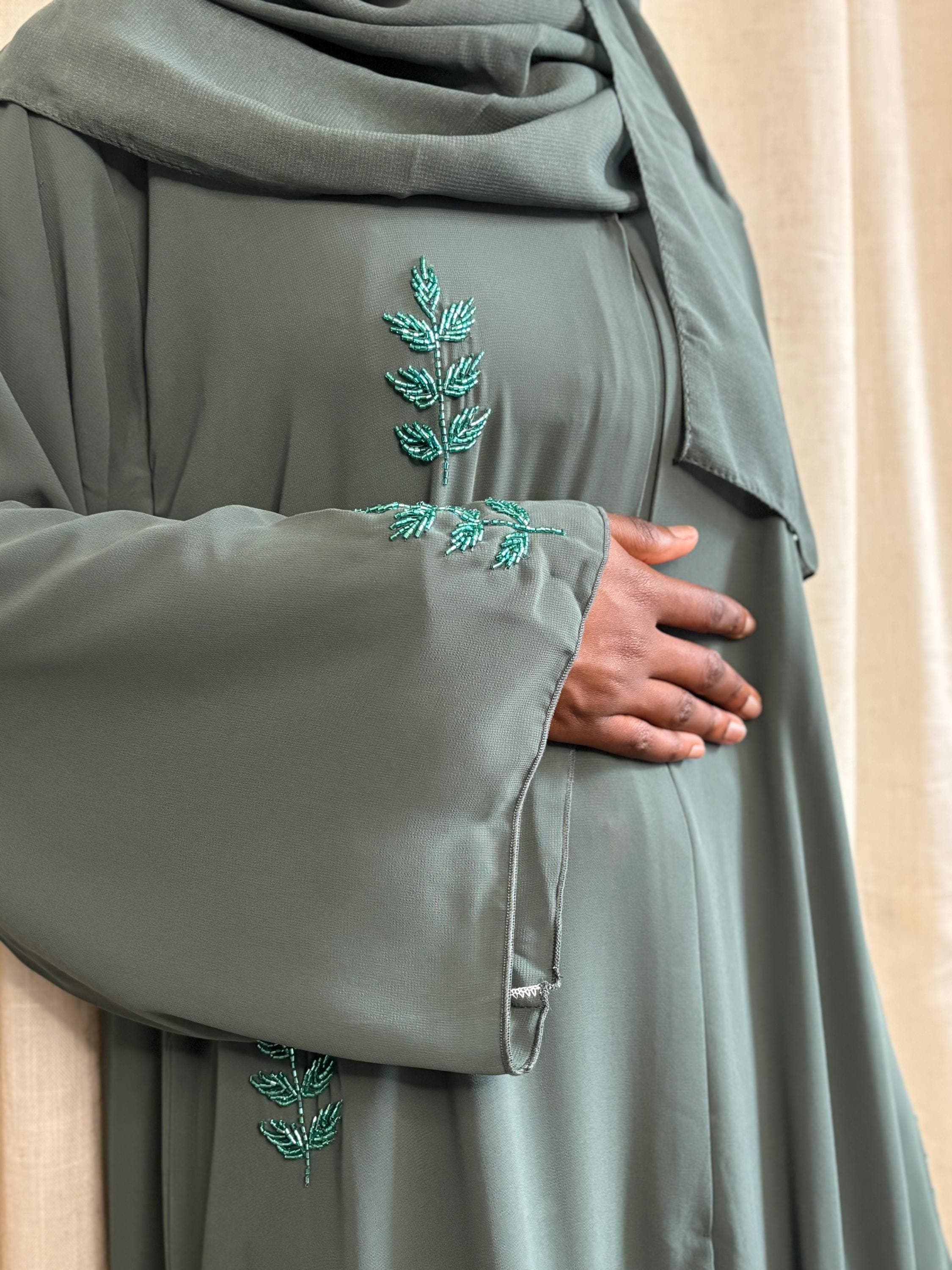 Olive Embroidered Open Abaya: Modest Dress Women’s Islamic Outfit - image 3