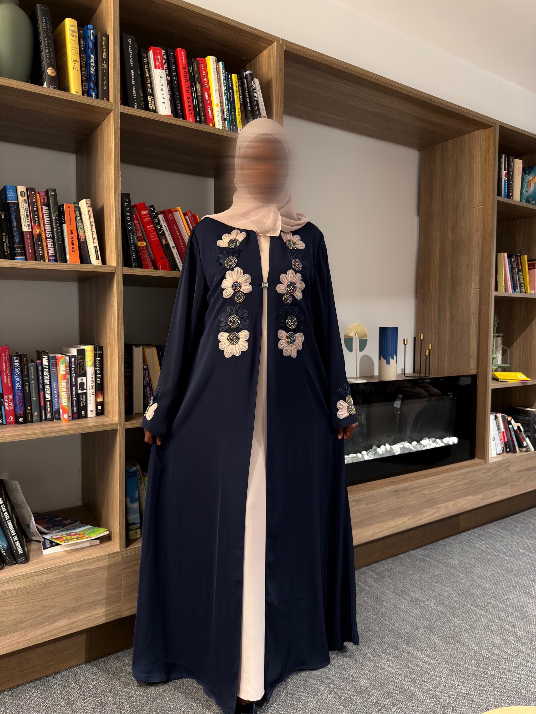 Navy Blue Open Abaya with Floral Embroidery - image 5