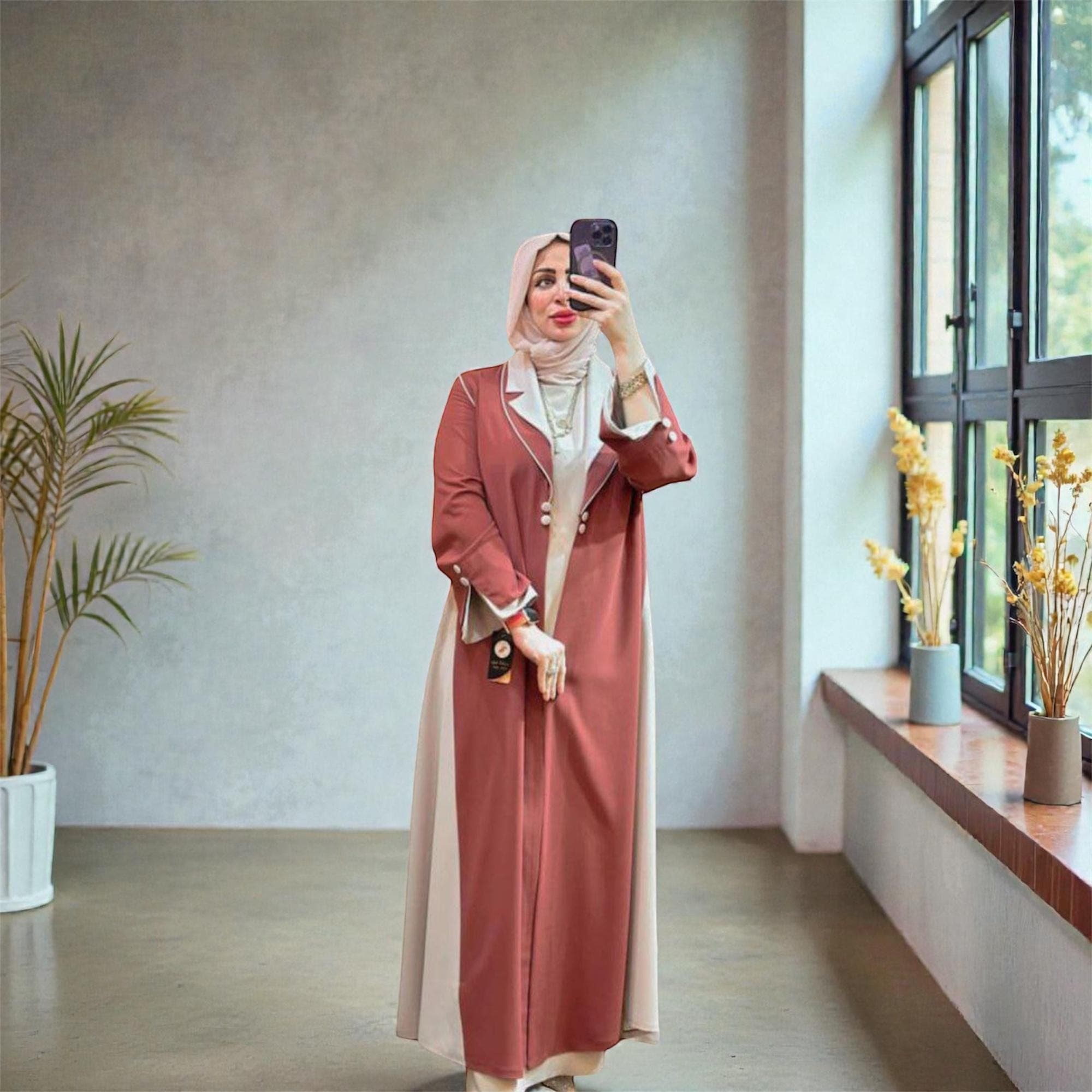 Two-Tone Abaya with Lapel Design, Maroon & Beige, Modest Dress