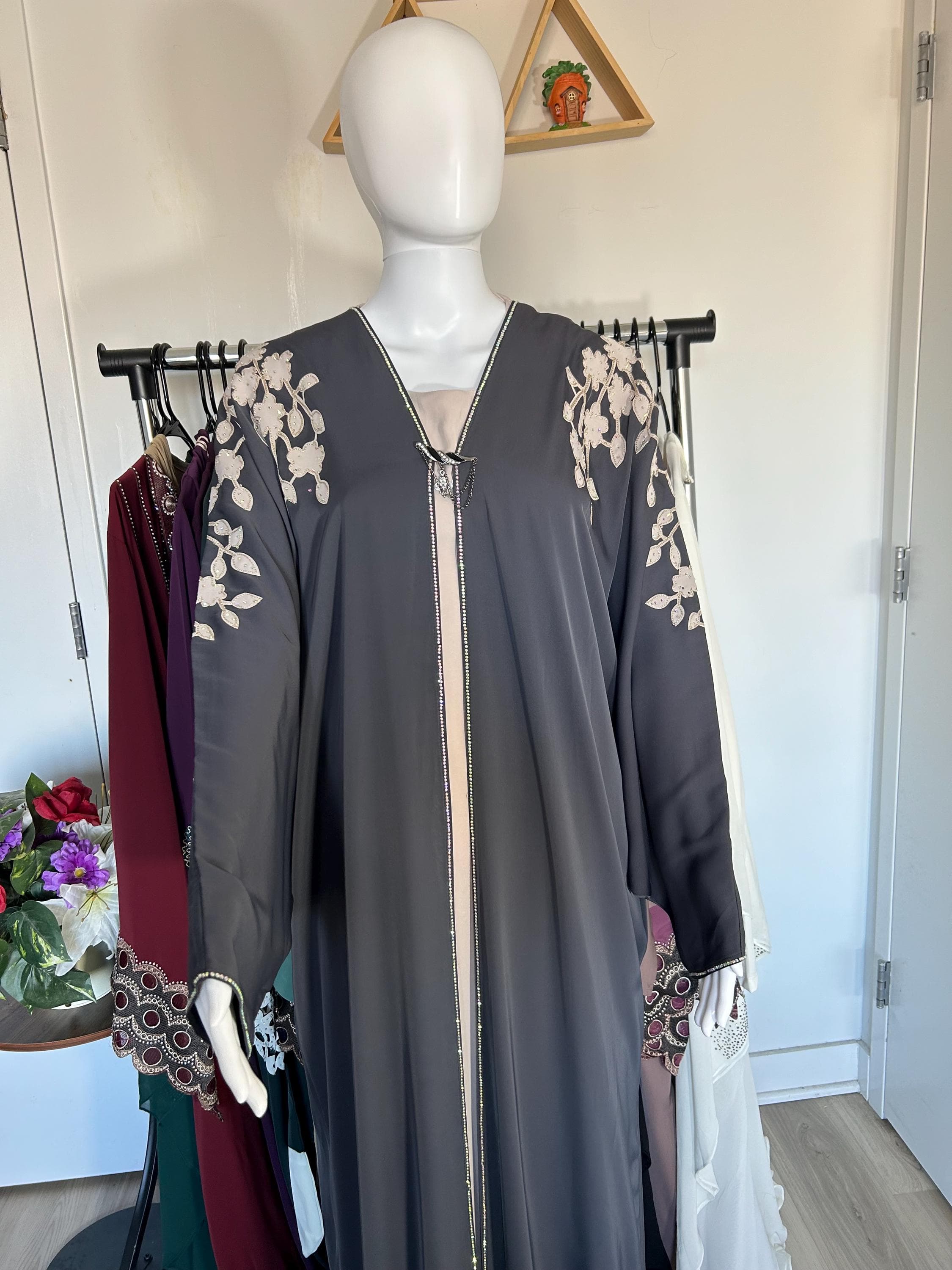 Charcoal Gray Open Front Abaya with Floral Embroidered Sleeves – Modest Satin Abaya for Women - image 5
