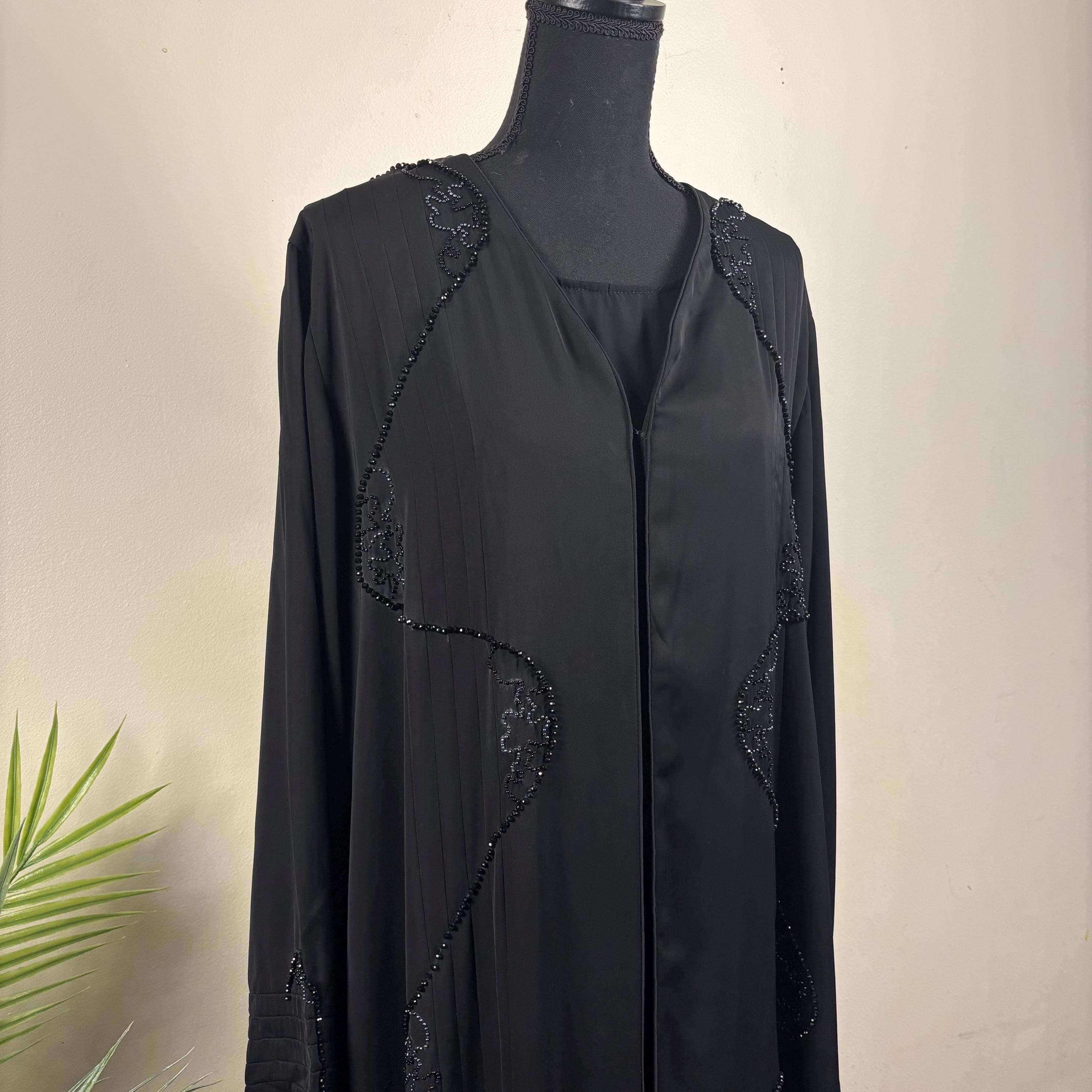 Black Beaded 2 Piece Abaya Set – Open Front Abaya with Inner Dress - image 4