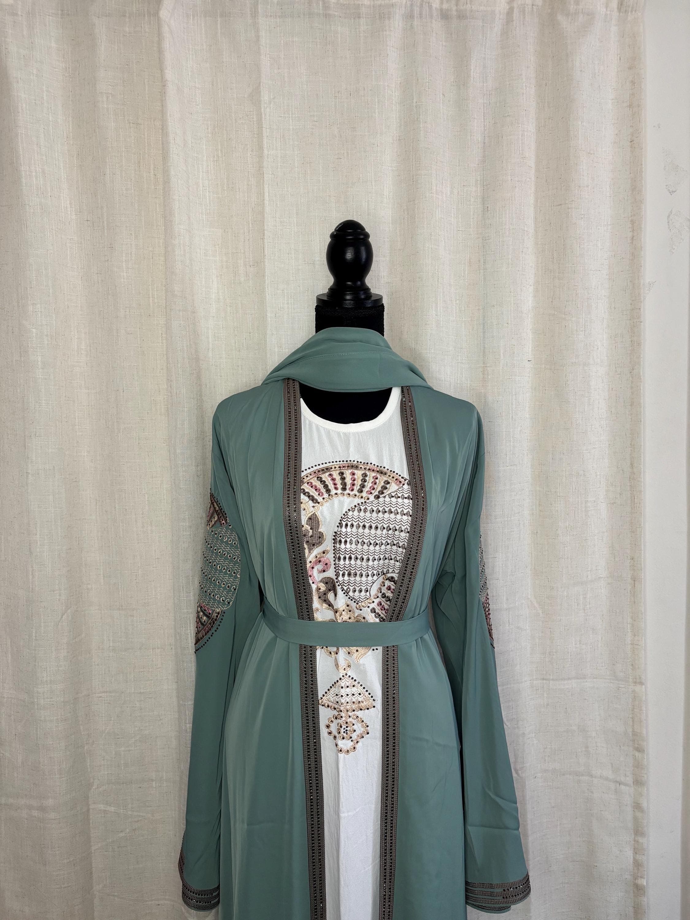 Harissa Light Green Embroidered Abaya set: Modest Eid Outfit - image 4