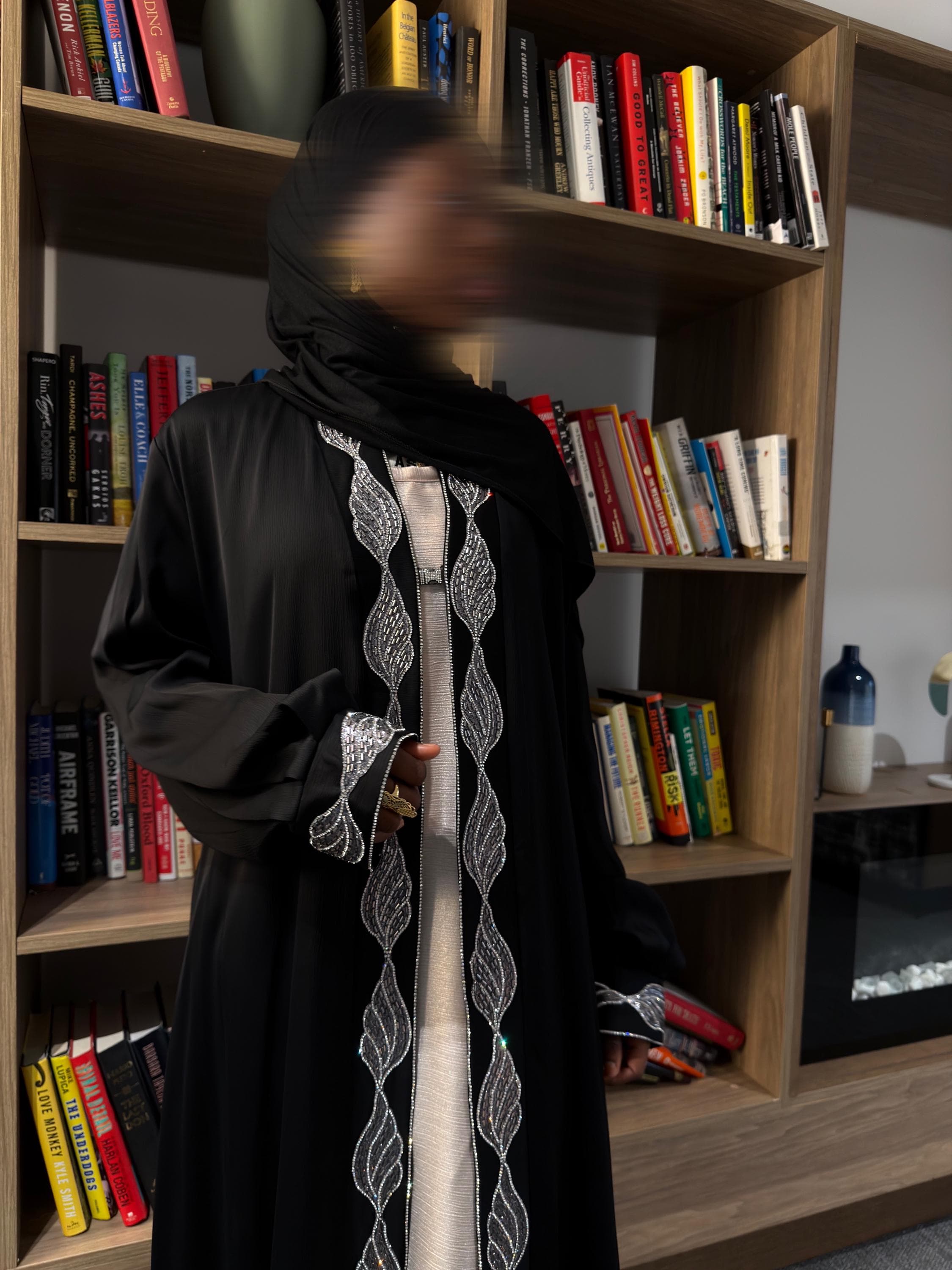 Black Open Abaya Embroidered with Crystal Bead - image 3
