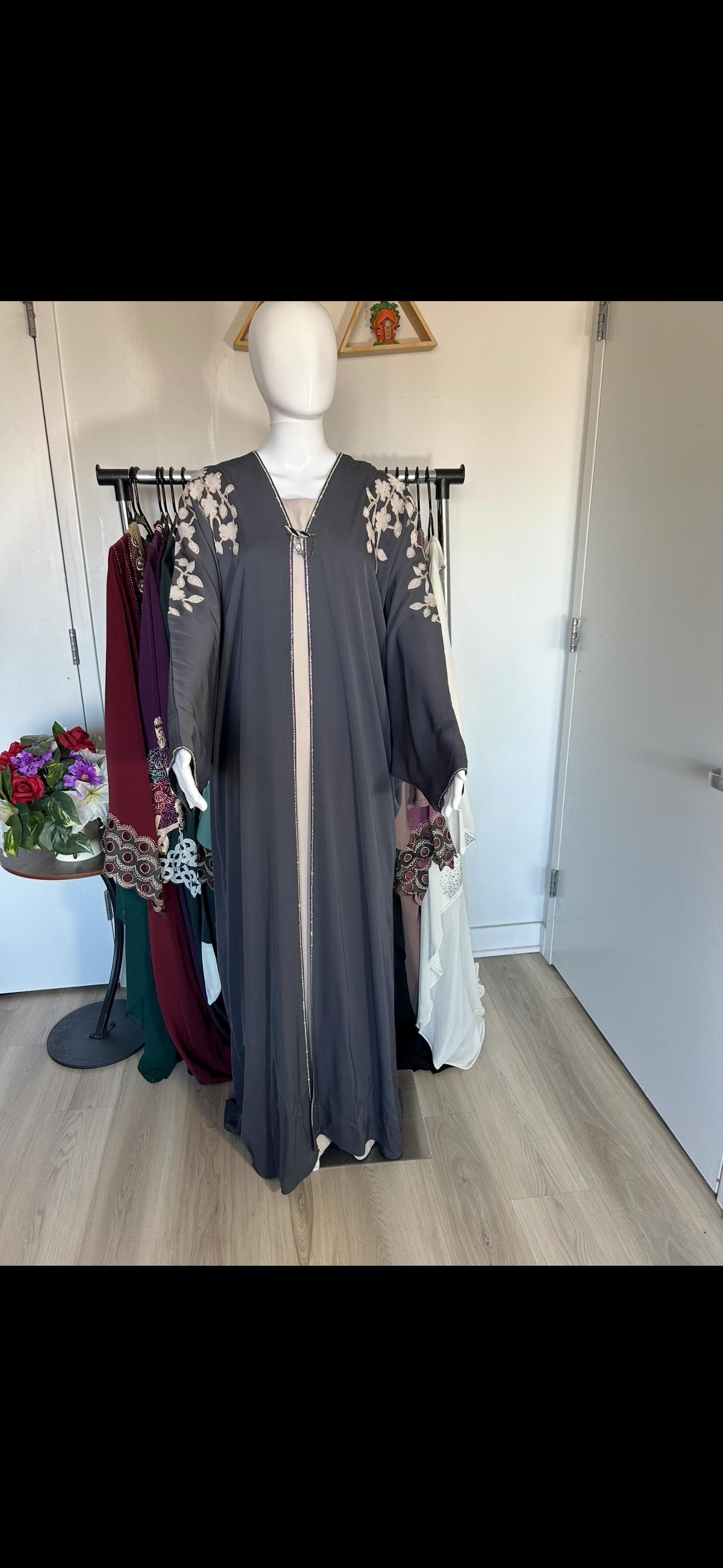 Charcoal Gray Open Front Abaya with Floral Embroidered Sleeves – Modest Satin Abaya for Women - image 4