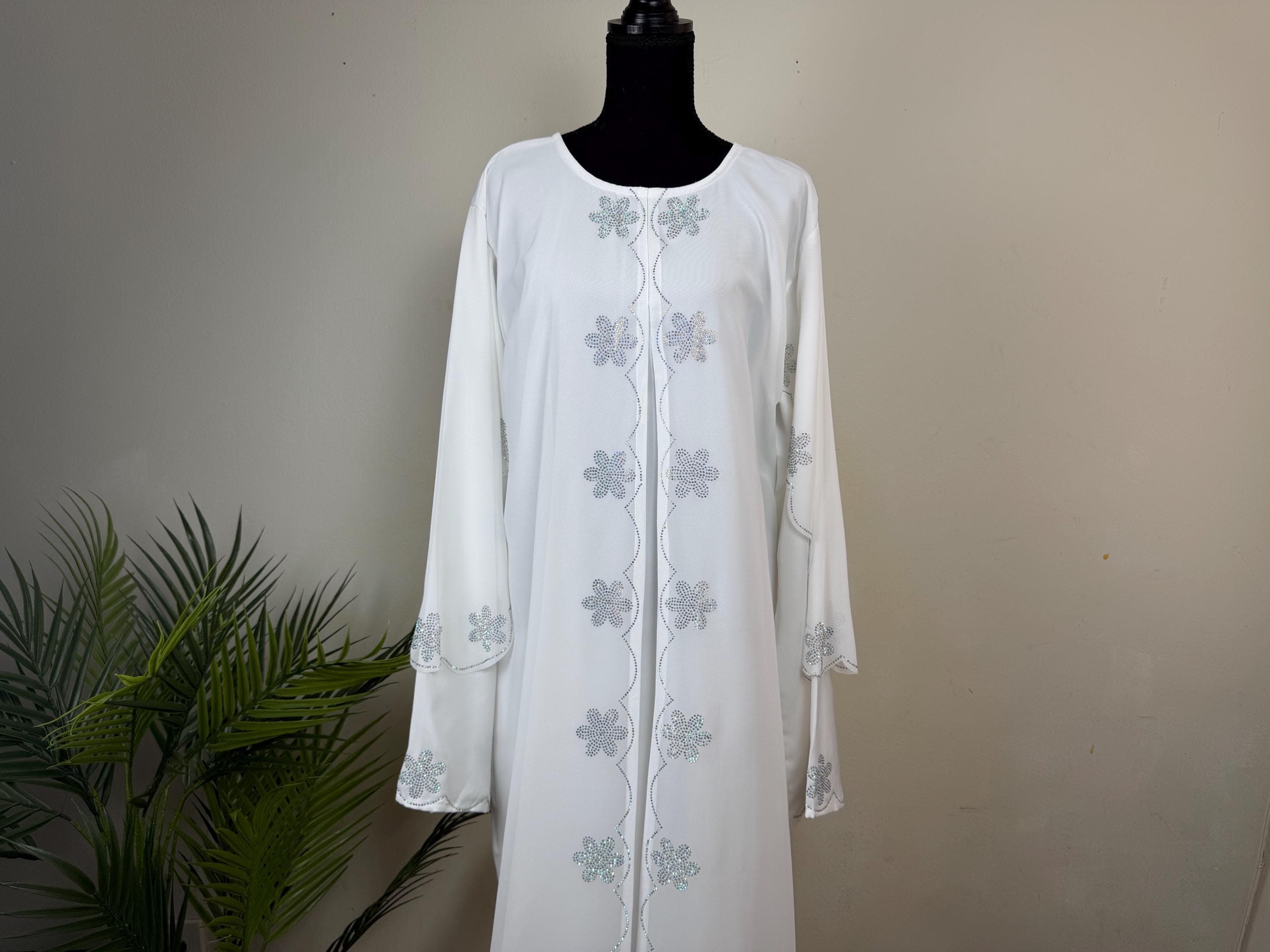 Anisa White Bridal Abaya Set with Rhinestones: Elegant Modest Nikkah Dress