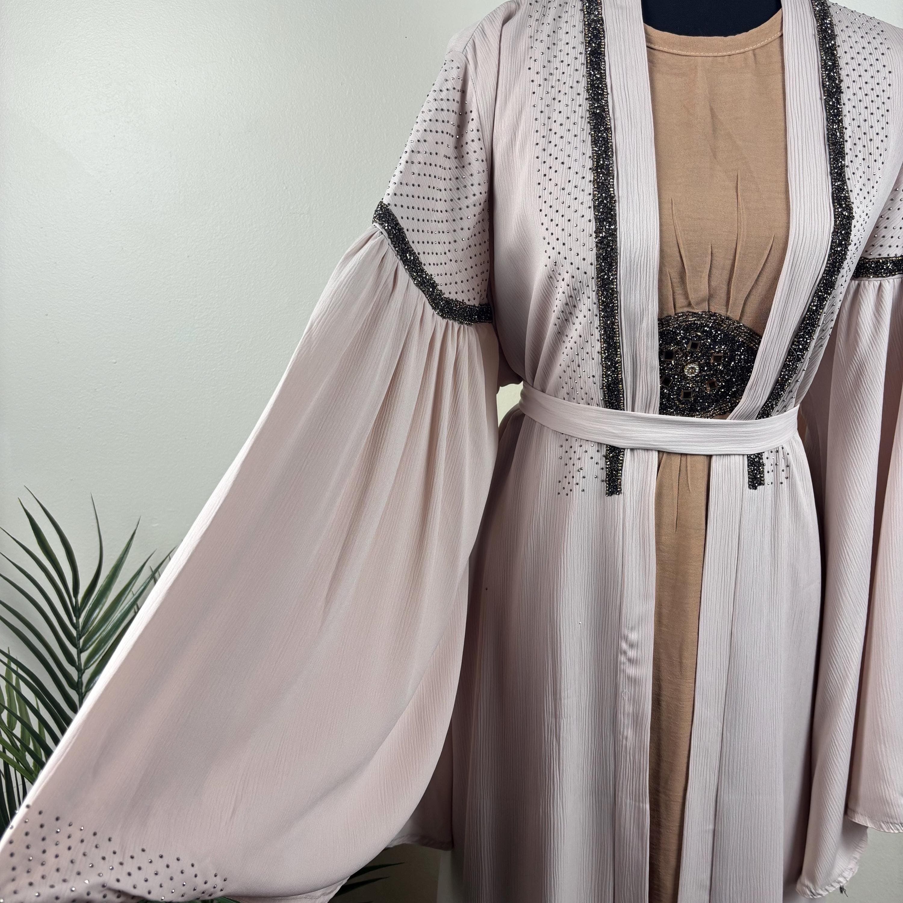 Blush Pink Open Abaya with Black Beaded Trim | 2 Piece Modest Kimono Set - image 5
