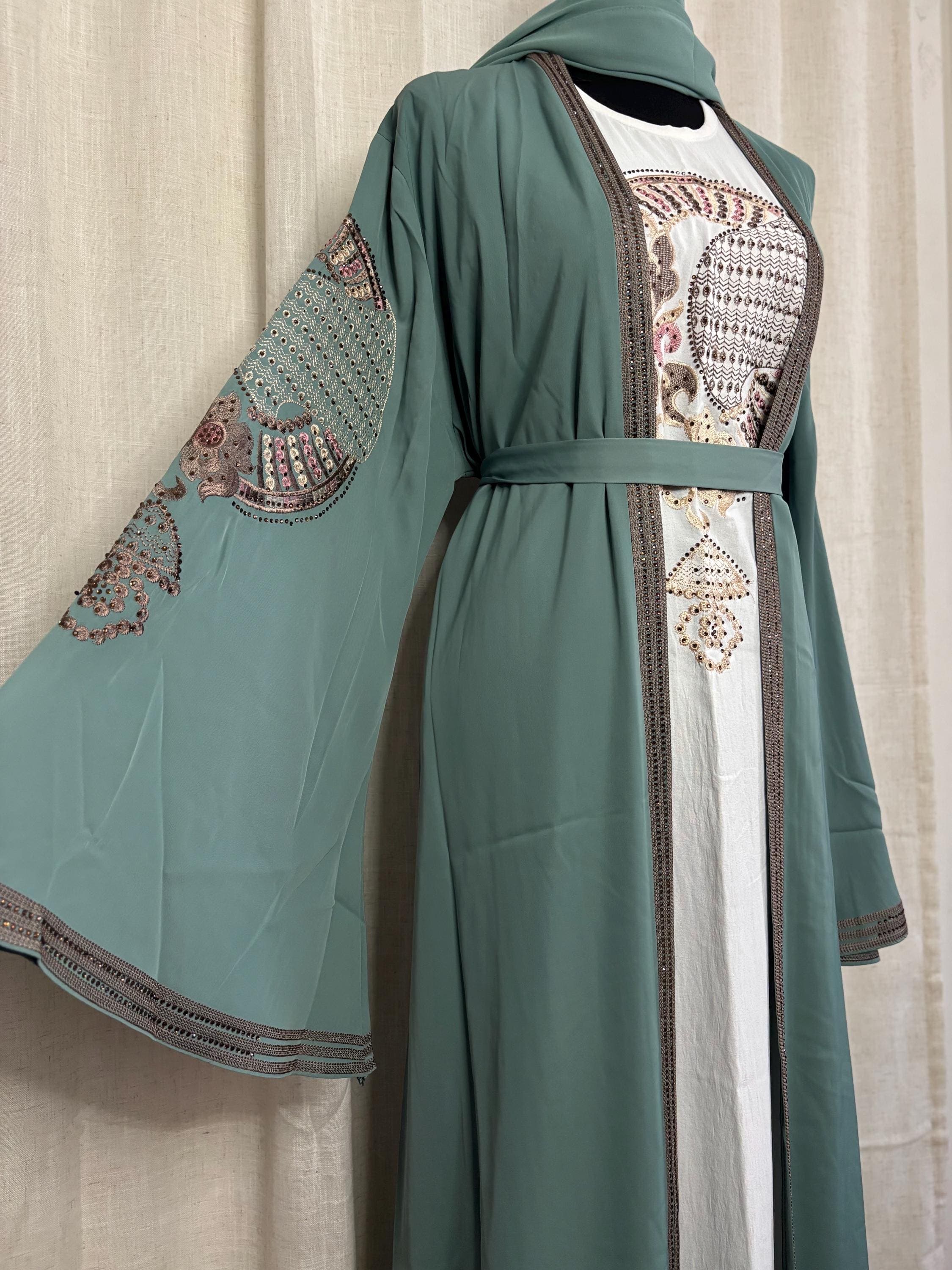 Harissa Light Green Embroidered Abaya set: Modest Eid Outfit - image 3