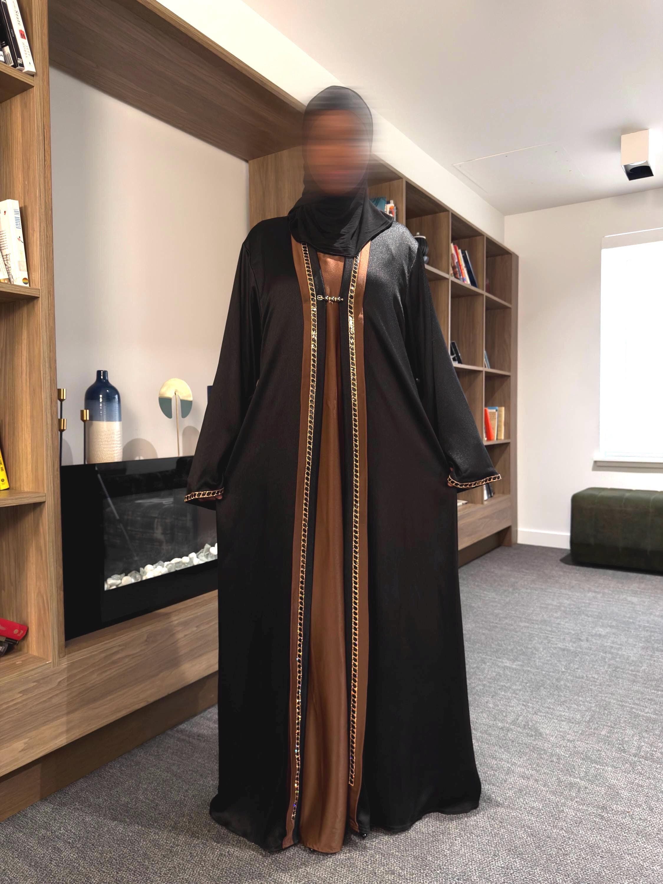 Three Piece Set Abaya with Stone Trim: Attached Inner  - Sage green/Deep Brown