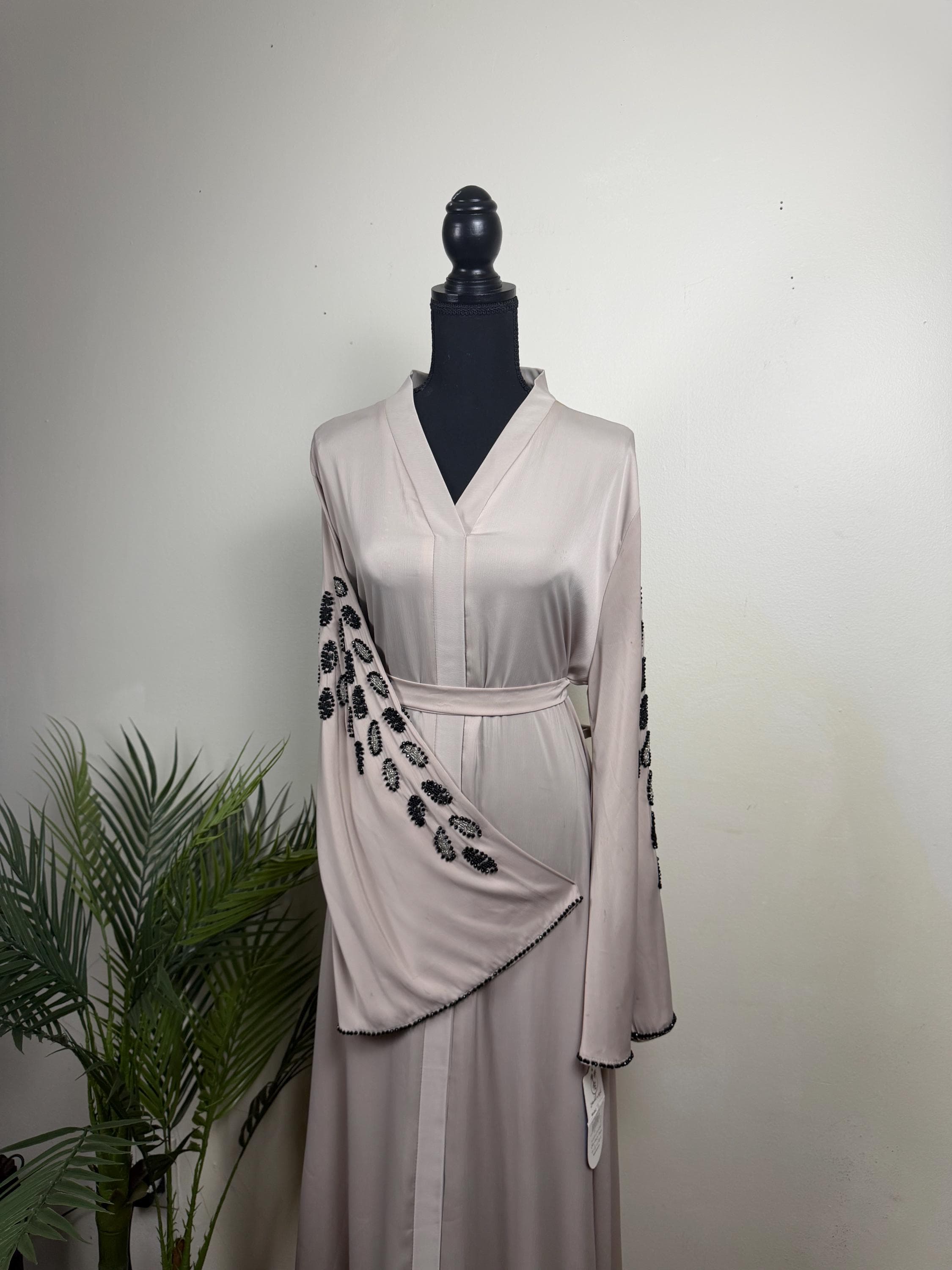 Liyana Taupe Embellished Abaya with Black Beaded Sleeves | Modest Muslim Dress | Eid Evening Abaya - image 3