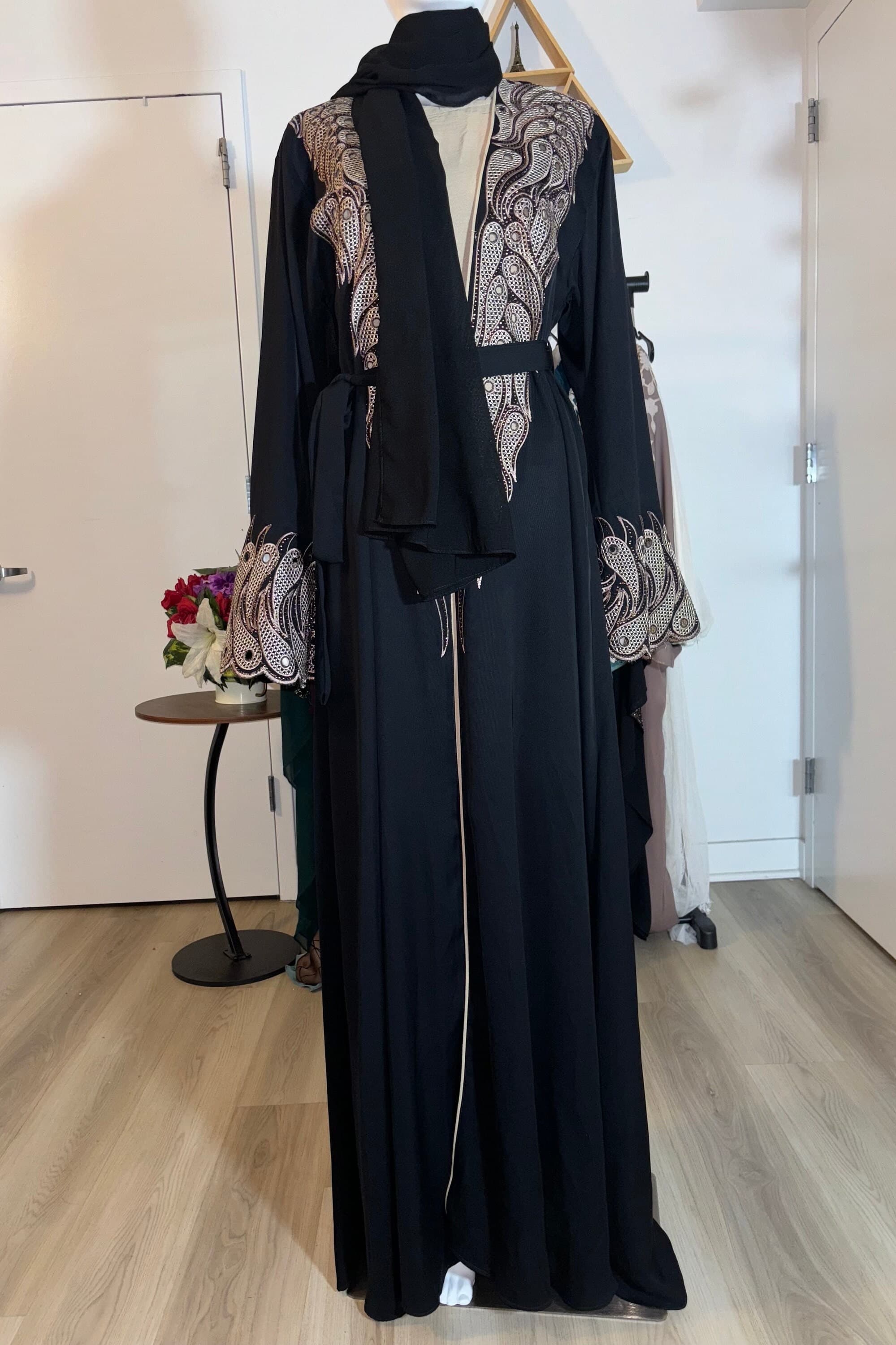 Black Embroidered Open Abaya for Women, Luxury Modest Kimono Abaya with Hijab, Eid Outfit - image 3