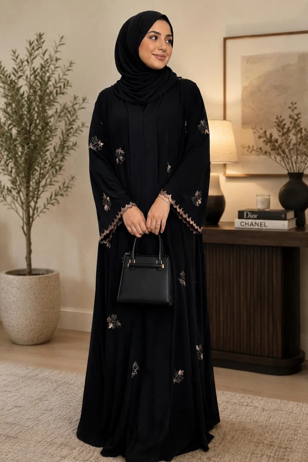 Black Closed Abaya Floral Embroidery Modest Dress Islamic Clothing Muslim Dress