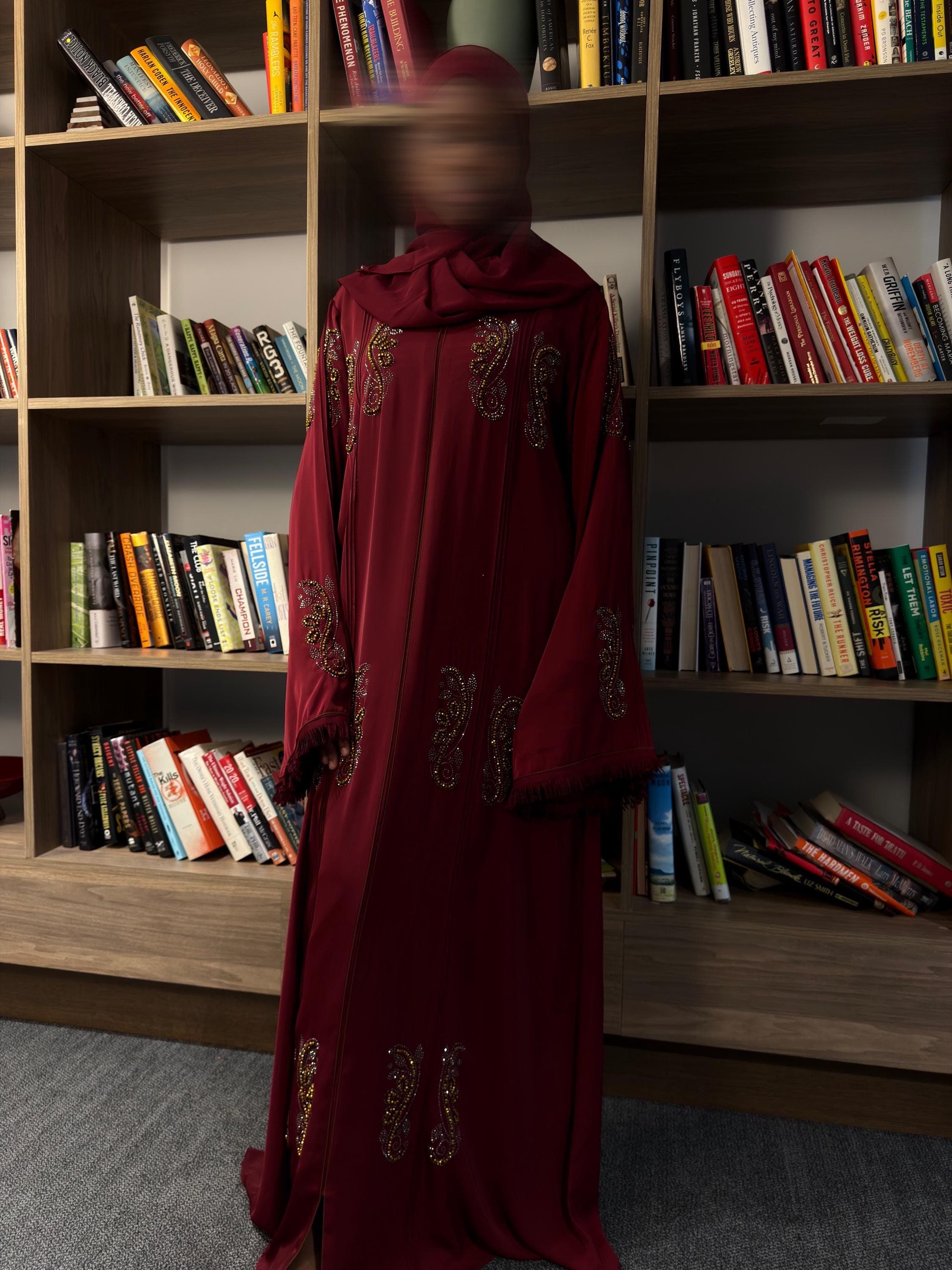 Burgundy Beaded Abaya Dress With Matching Scarf - image 4