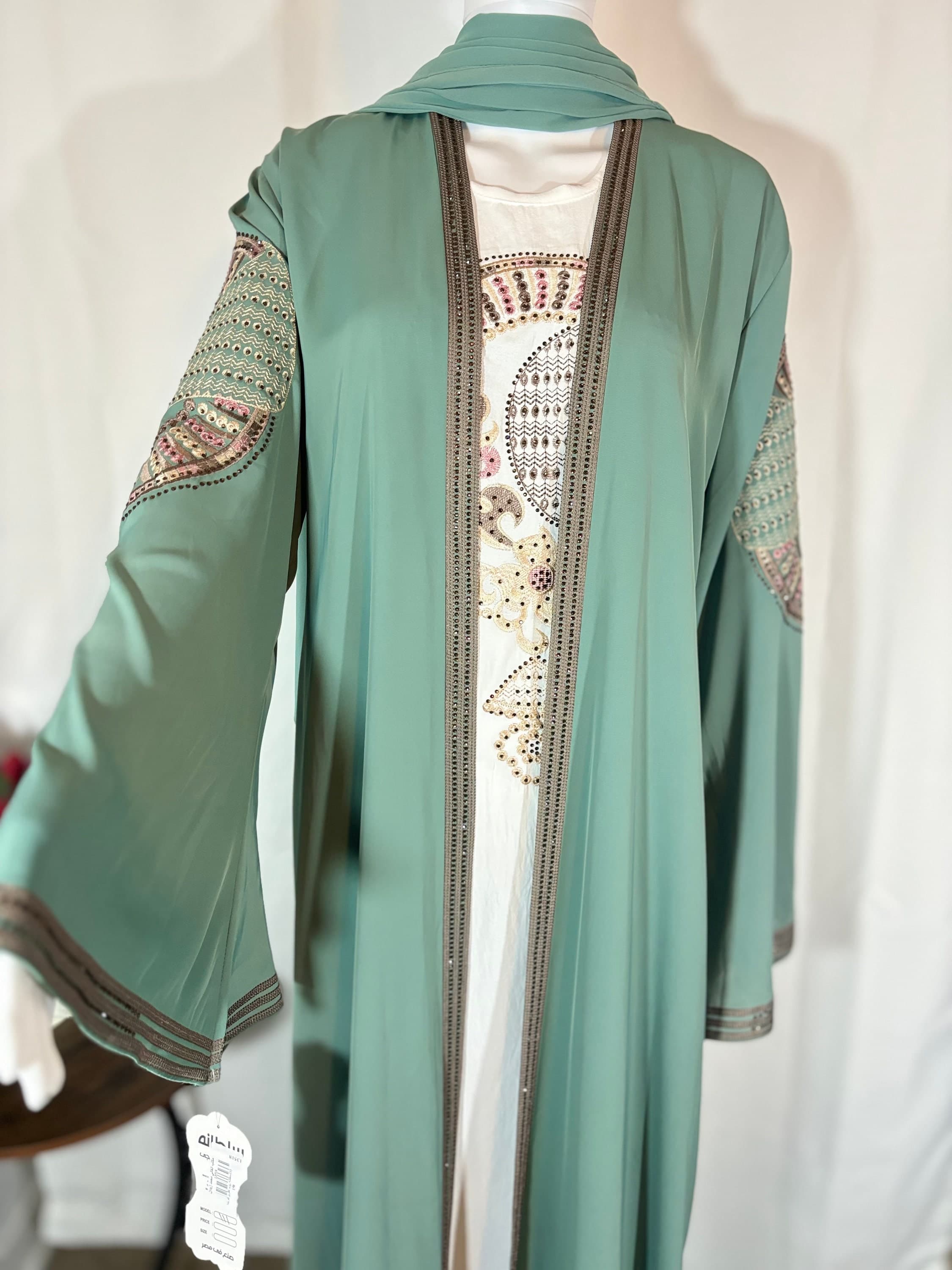 Harissa Light Green Embroidered Abaya set: Modest Eid Outfit