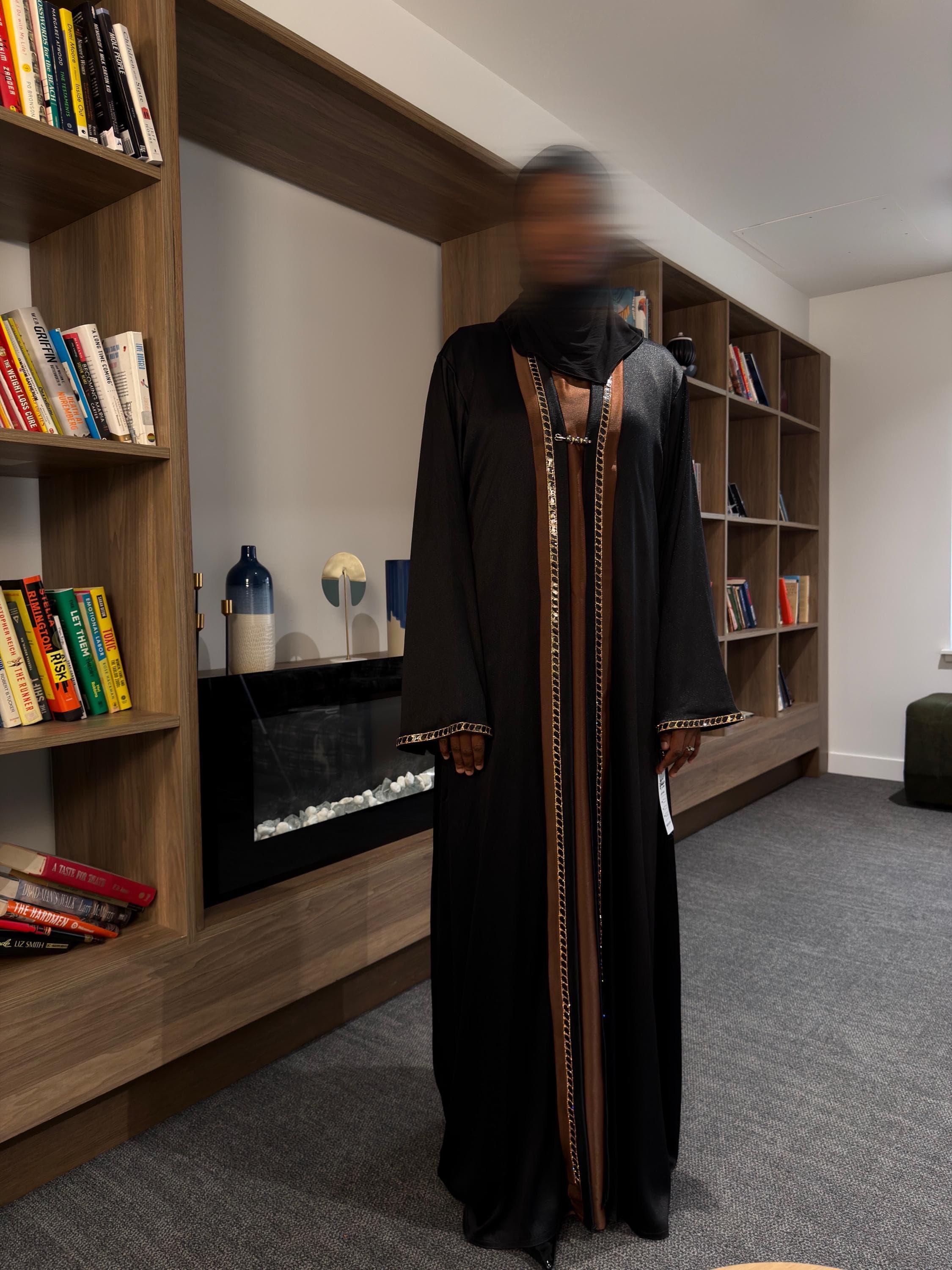 Three Piece Set Abaya with Stone Trim: Attached Inner  - Sage green/Deep Brown - image 4