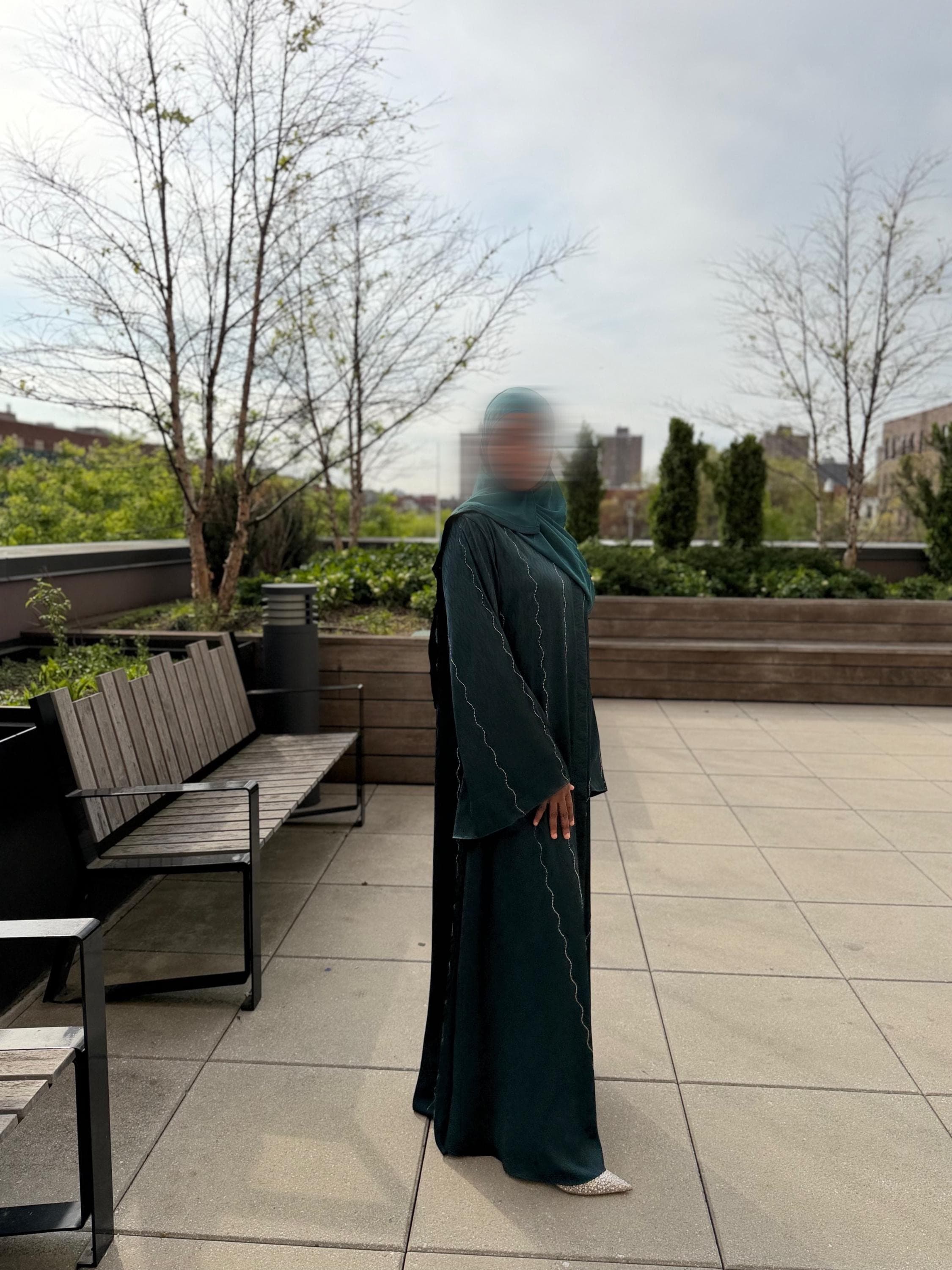 Closed Satin Umbrella Abaya Dress With Silver Rhinestone(Green) - image 5