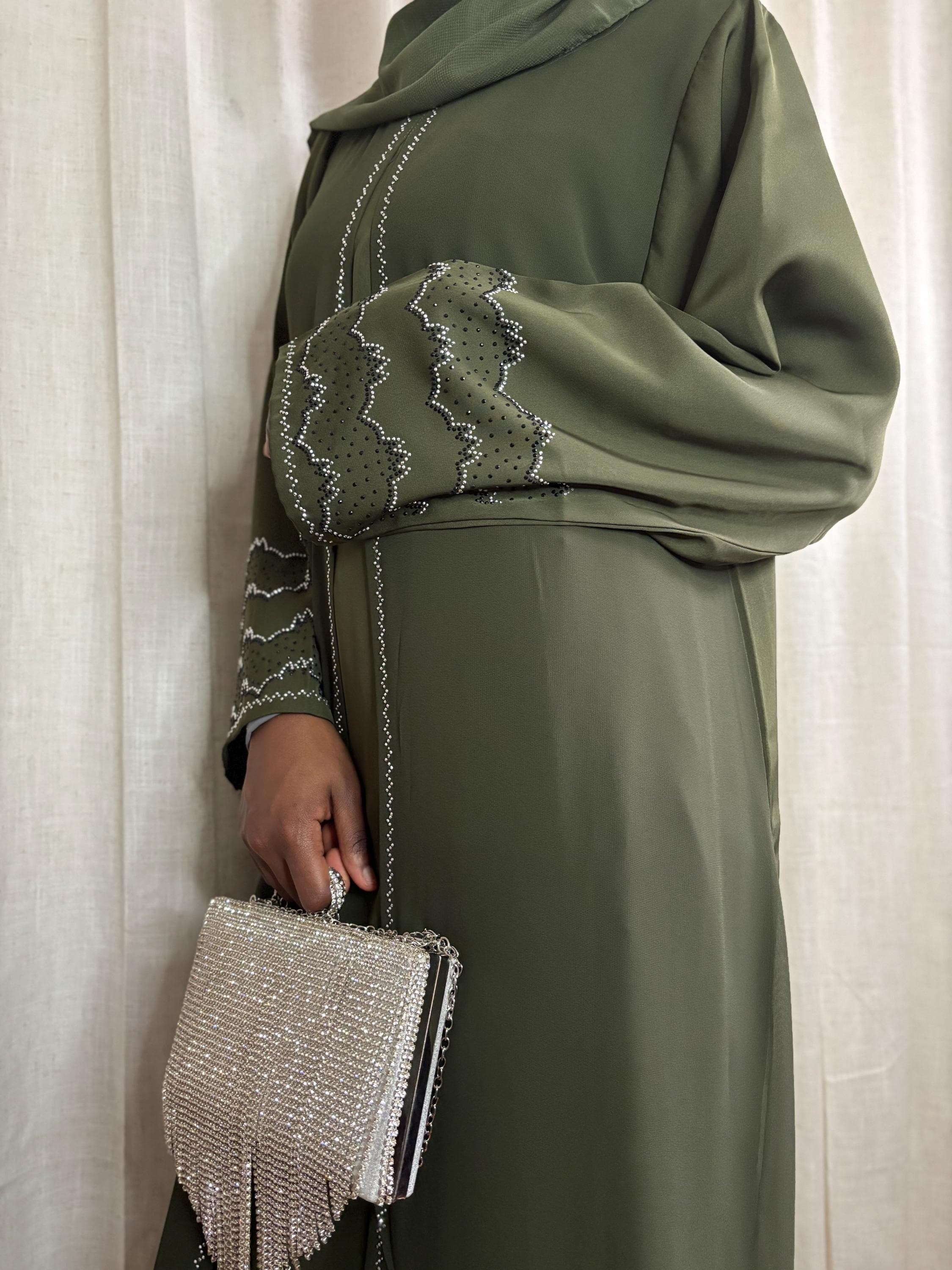 Olive Green Rhinestone Abaya | Luxury Modest Abaya | Evening Occasion Dress | Nikkah outfit - image 4