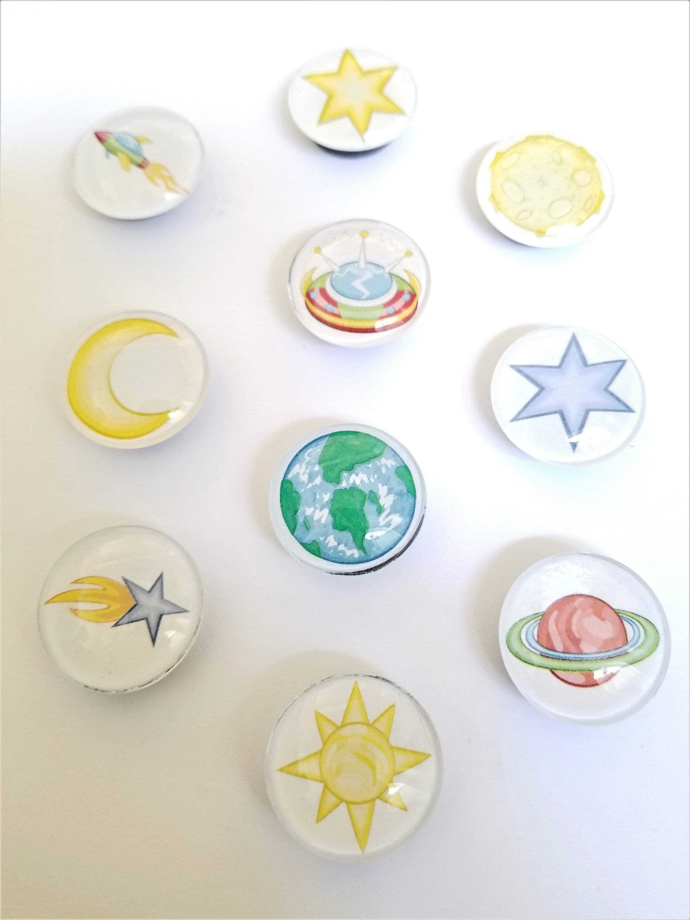 Space Theme Glass Magnets, Planets, Stars, Handmade (Set of 10)