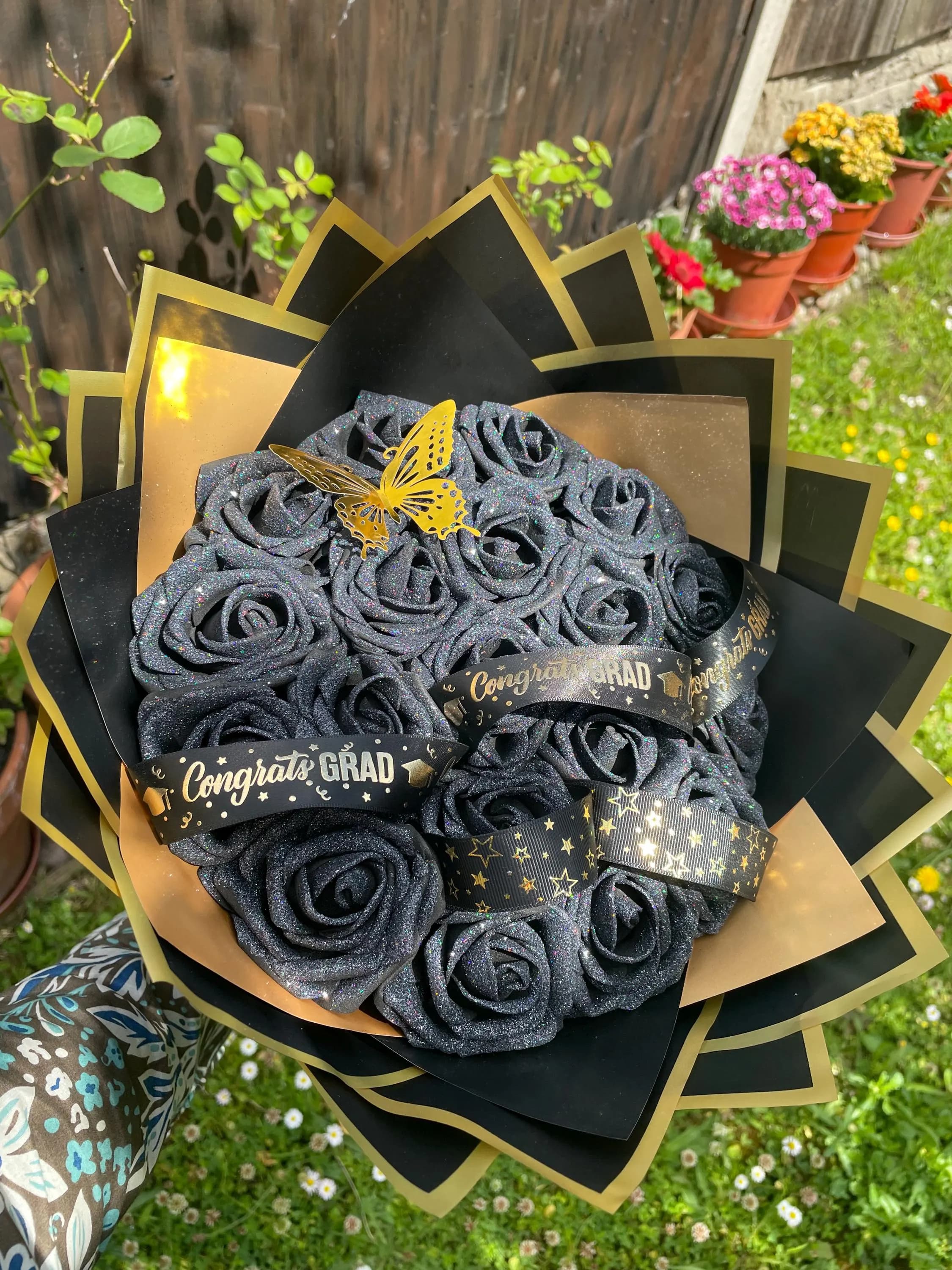 Personalised Graduation Black Glitter Artificial Eternal Rose Bouquet | Graduation Gifts | Personalised Bouquets | Gifts for Her |