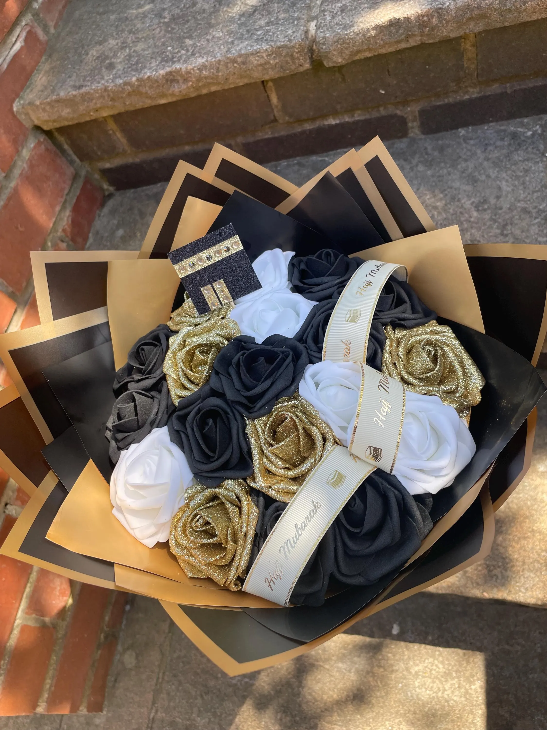Hajj Mubarak Artificial Eternal Rose Bouquet Black Personalised | Hajj Mubarak Gifts | Customised | Glitter Bouquet | Islamic Muslim Gifts |