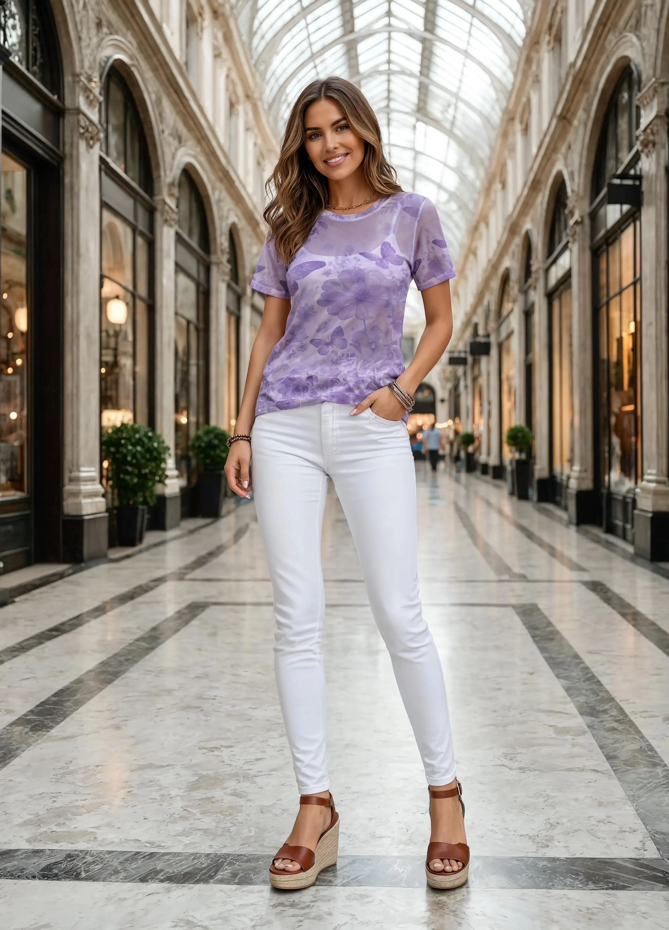Short Sleeve Mesh T-Shirt Butterfly Floral