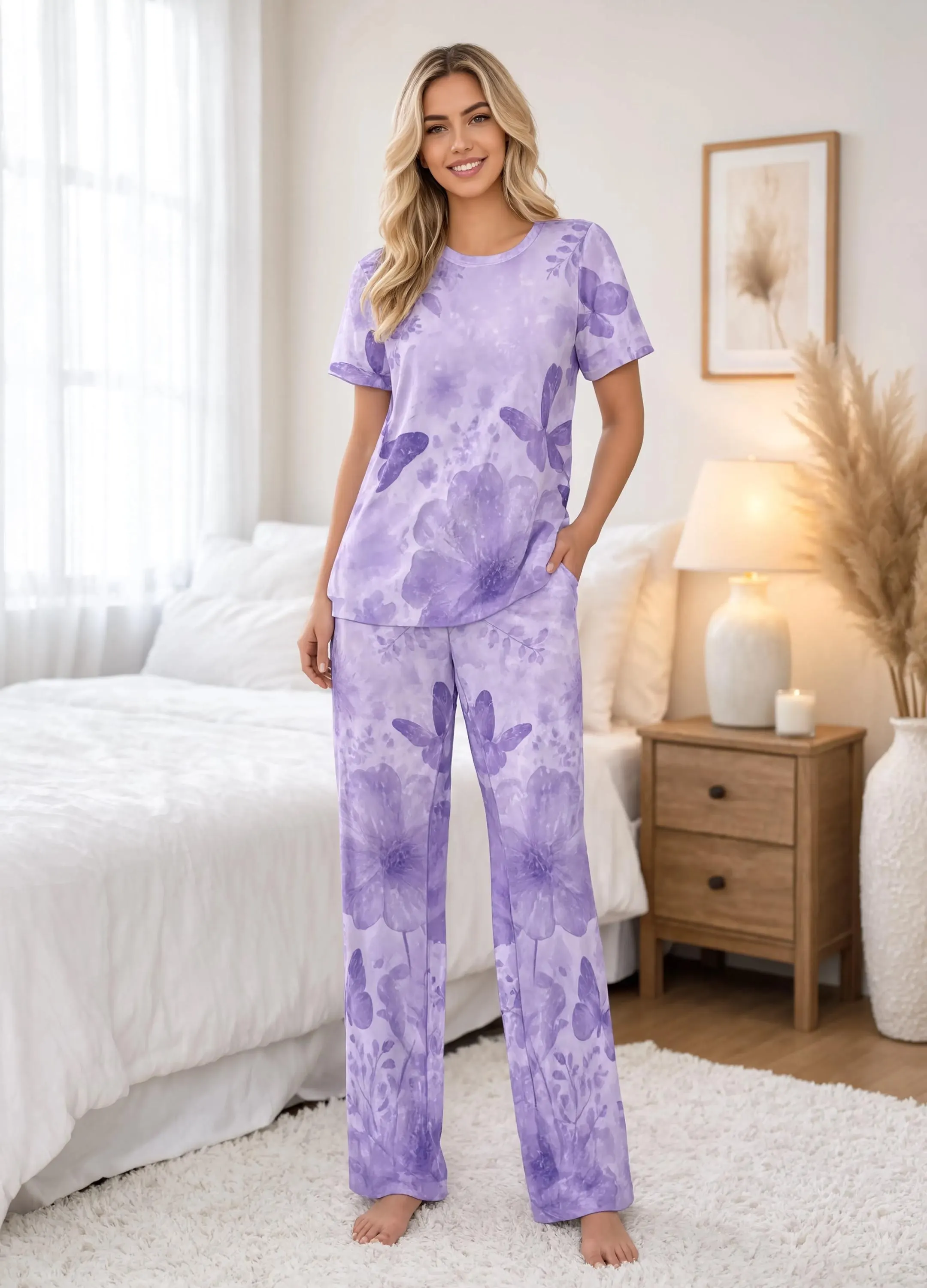 Short Sleeved Pajama Set Butterfly Floral