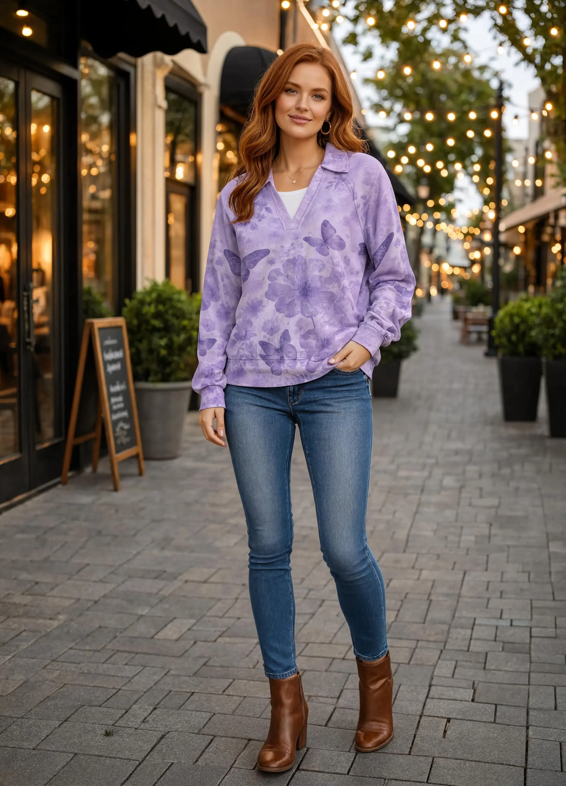 Casual Long Sleeve V-Neck Sweatshirt Butterfly Floral