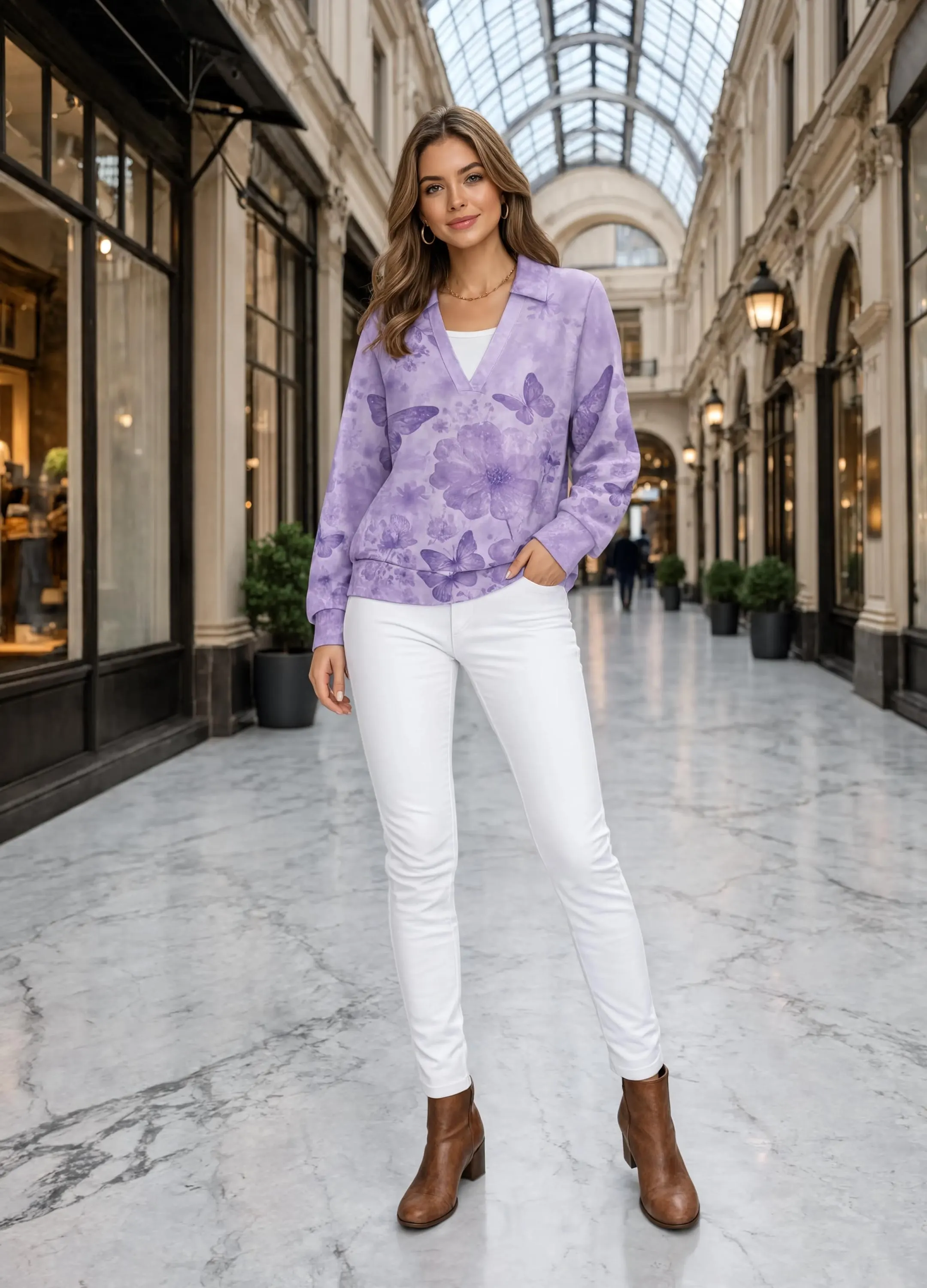 Casual Long Sleeve V-Neck Sweatshirt Butterfly Floral - image 3