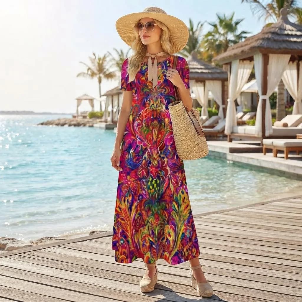 Round Neck Short Sleeve Dress Magenta Feather Carnavali - image 4