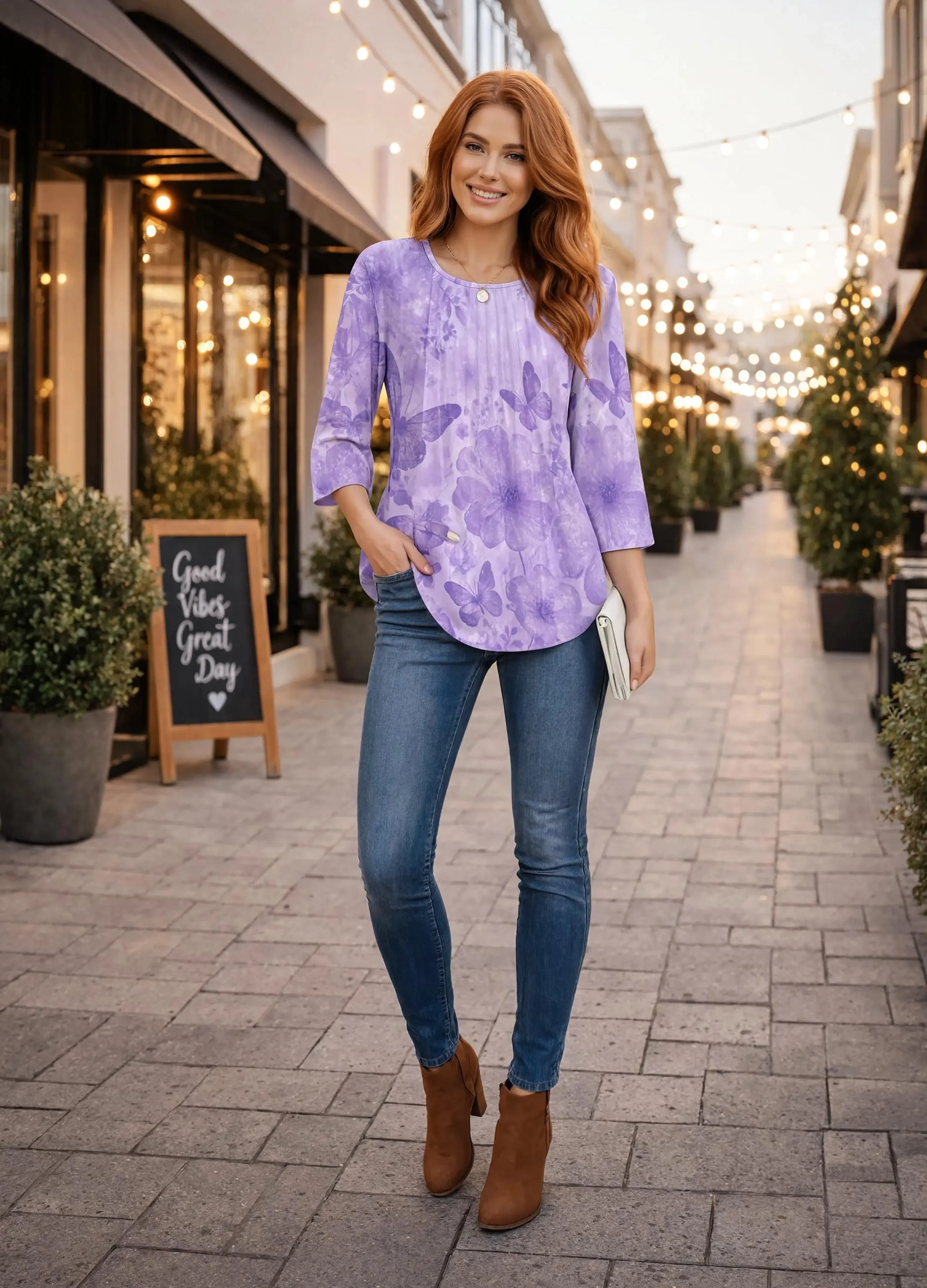 Women's 3/4 Sleeve Top Butterfly Floral