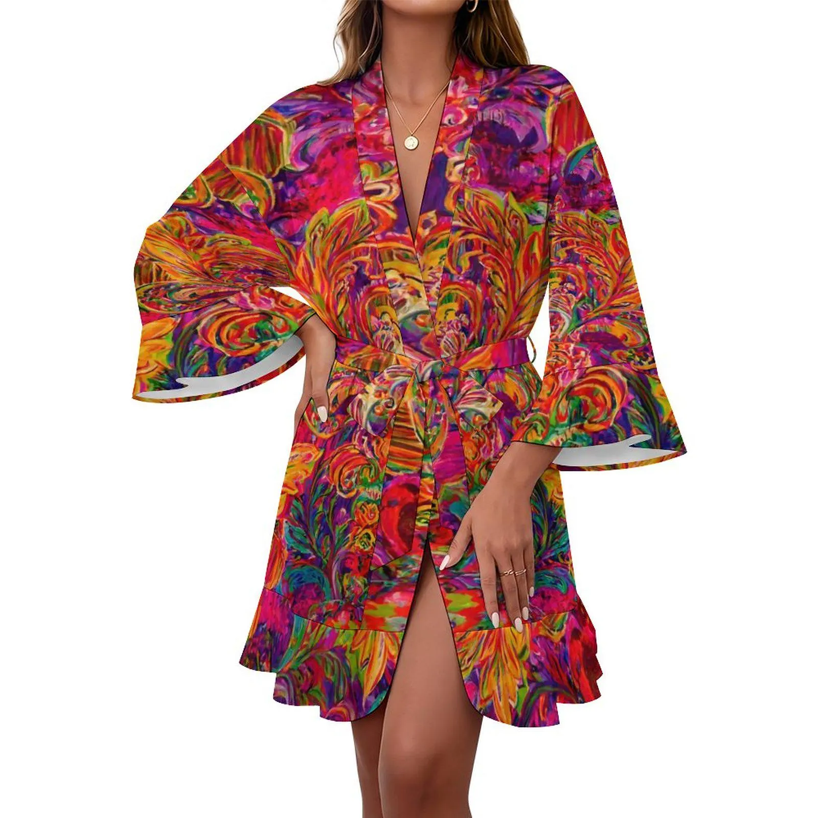 Women's Ruffle Long Sleeve Robe Magenta Orange Feather Carnavali - image 3