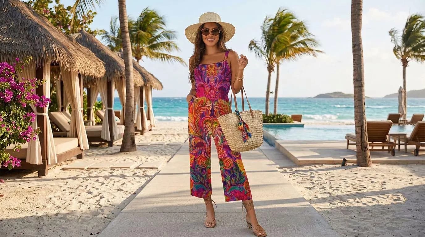 Women's Overalls Strap Jumpsuit Magenta Orange Feather Carnavali