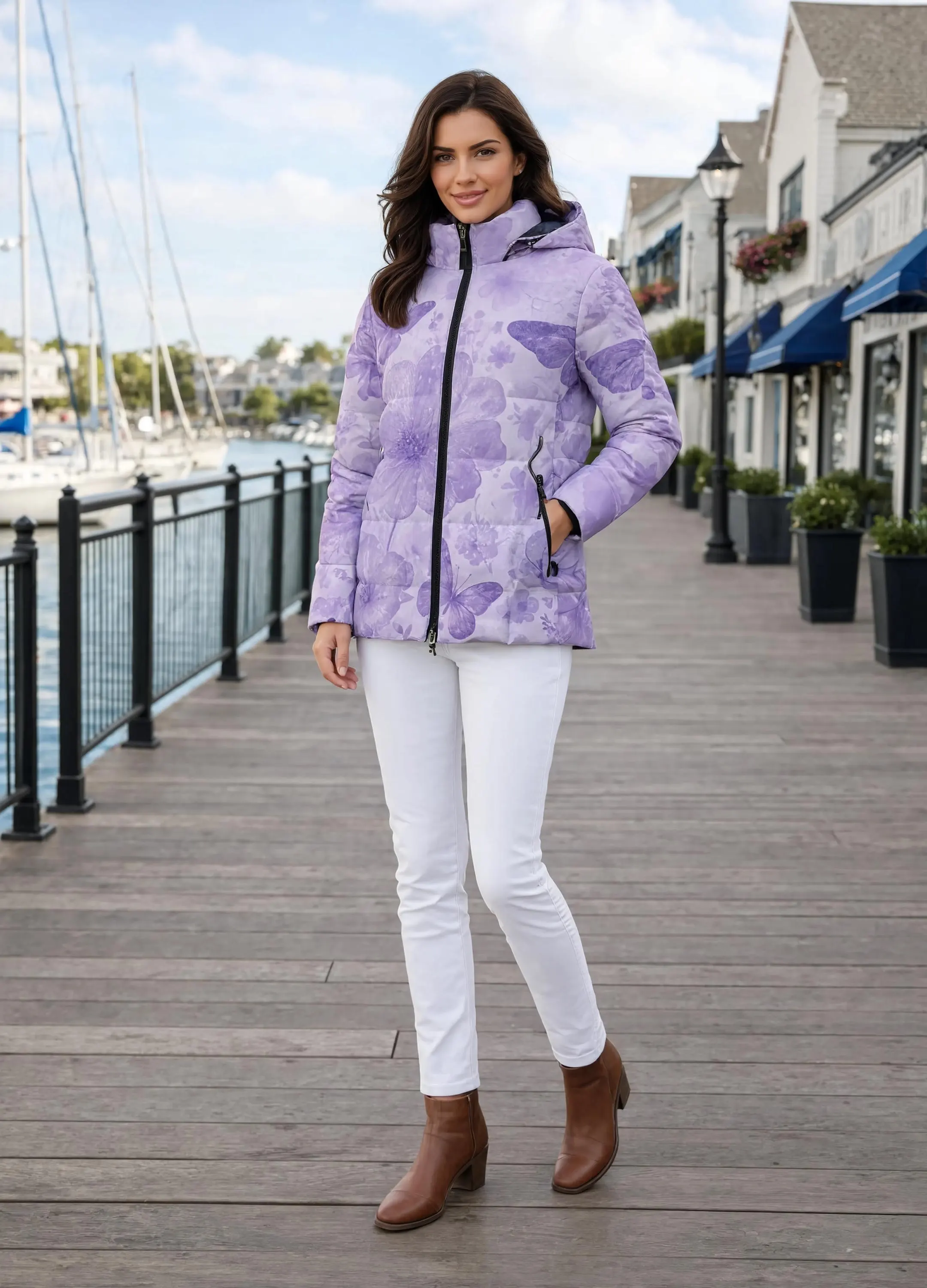 Winter Quilted Long-Sleeve Hooded Outerwear Butterfly Floral - image 5