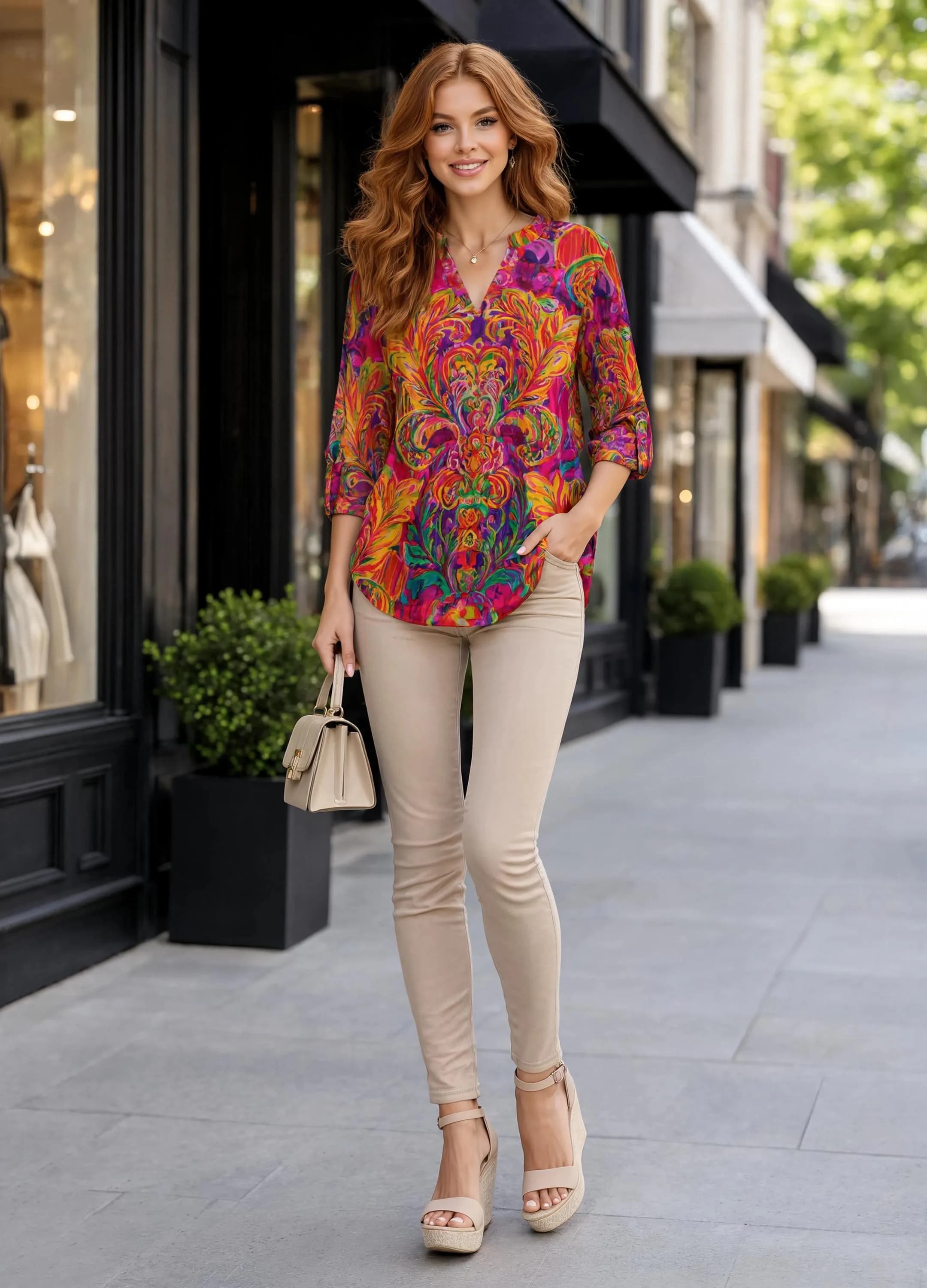 V-Neck Long Sleeved Shirt Orange Feather Carnavali