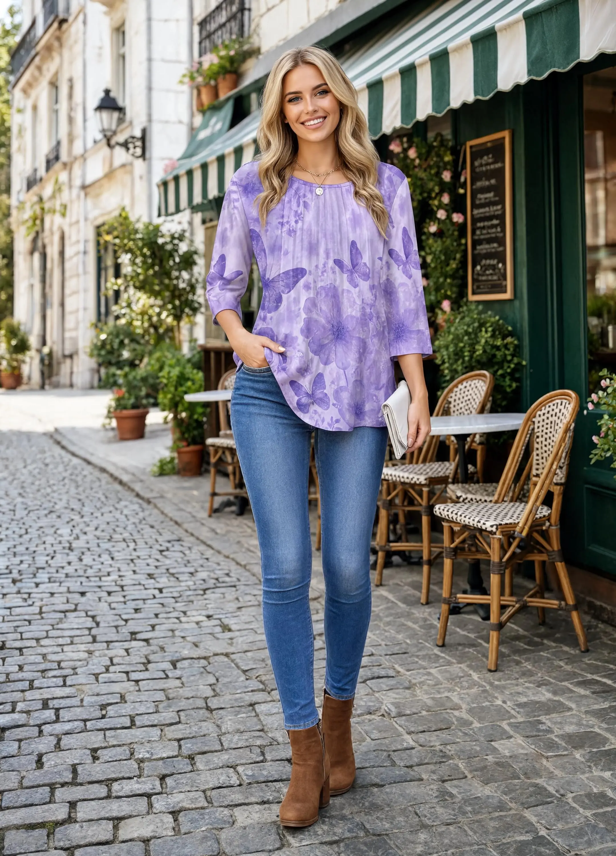 Women's 3/4 Sleeve Top Butterfly Floral - image 3