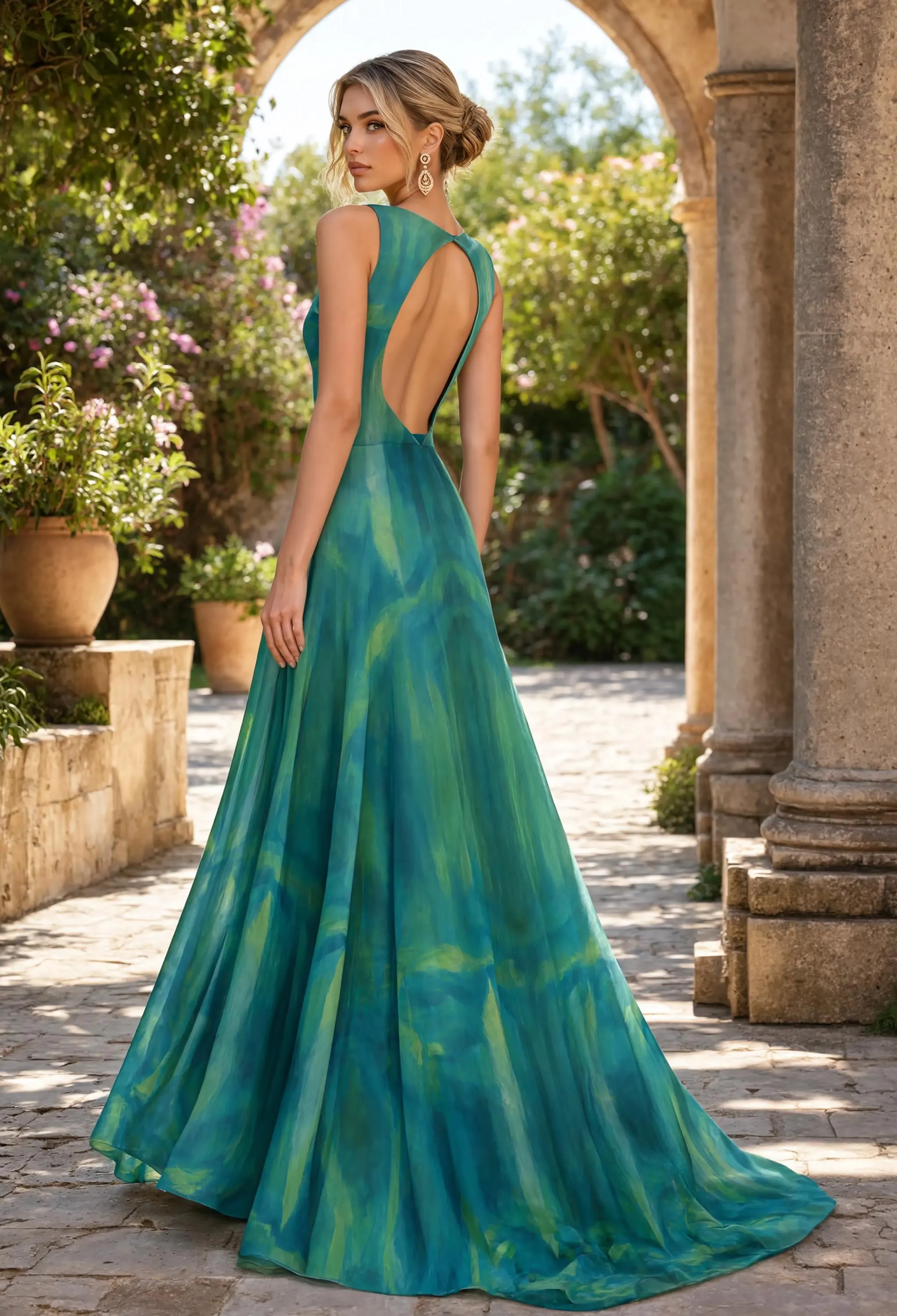 Women's Formal Satin Long Dress Formal Gown with Inner Liner Teal Watercolors