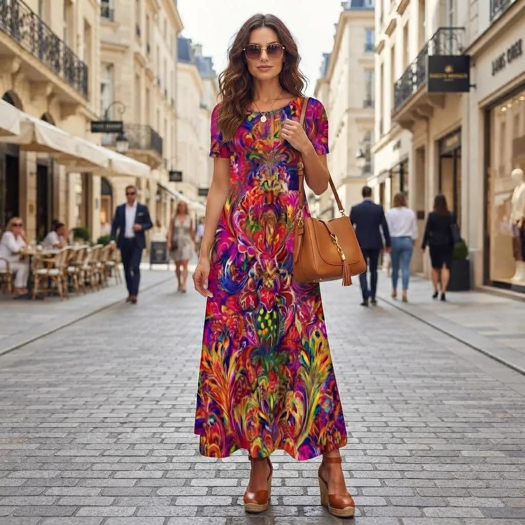 Round Neck Short Sleeve Dress Magenta Feather Carnavali