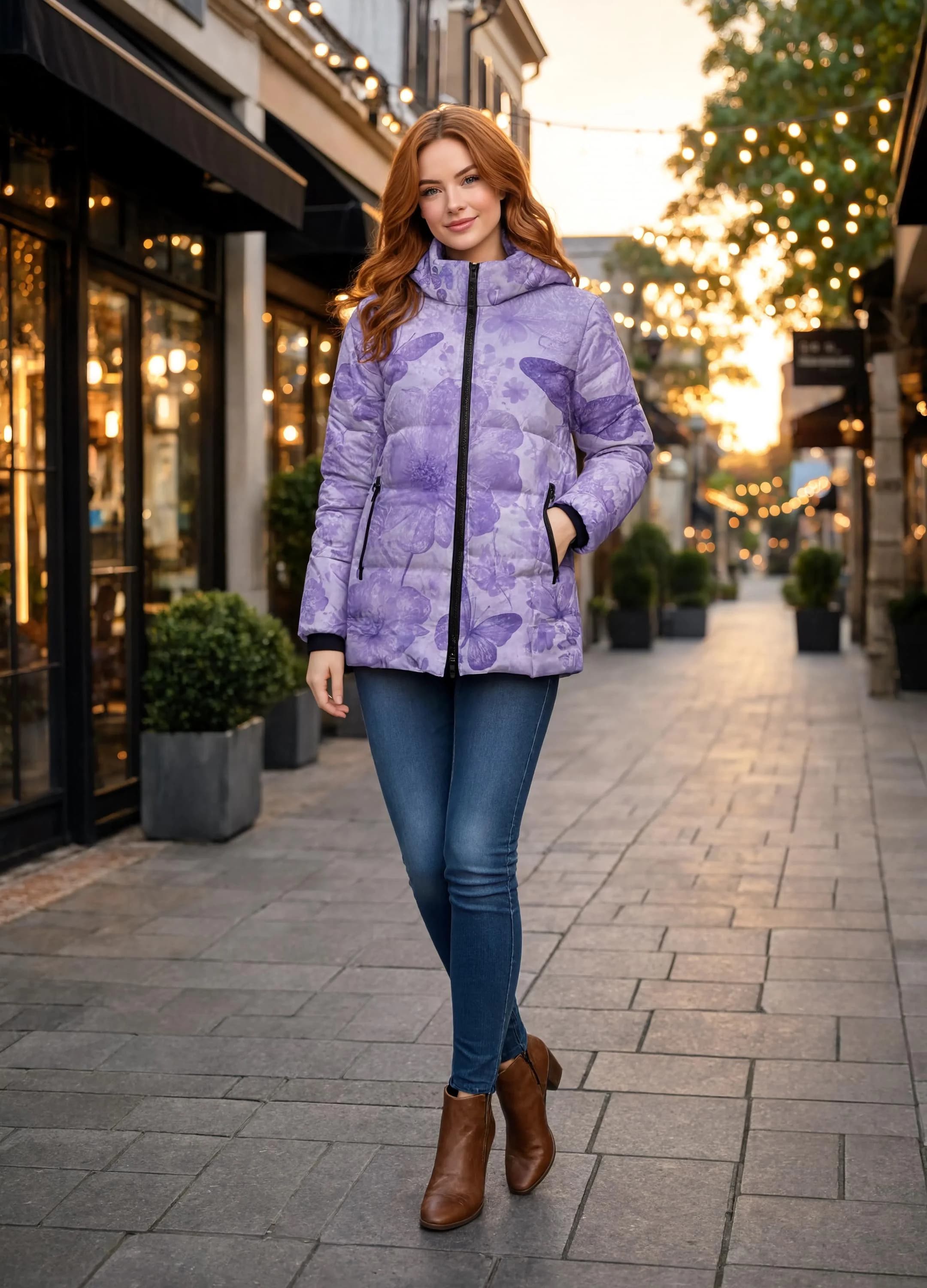 Winter Quilted Long-Sleeve Hooded Outerwear Butterfly Floral