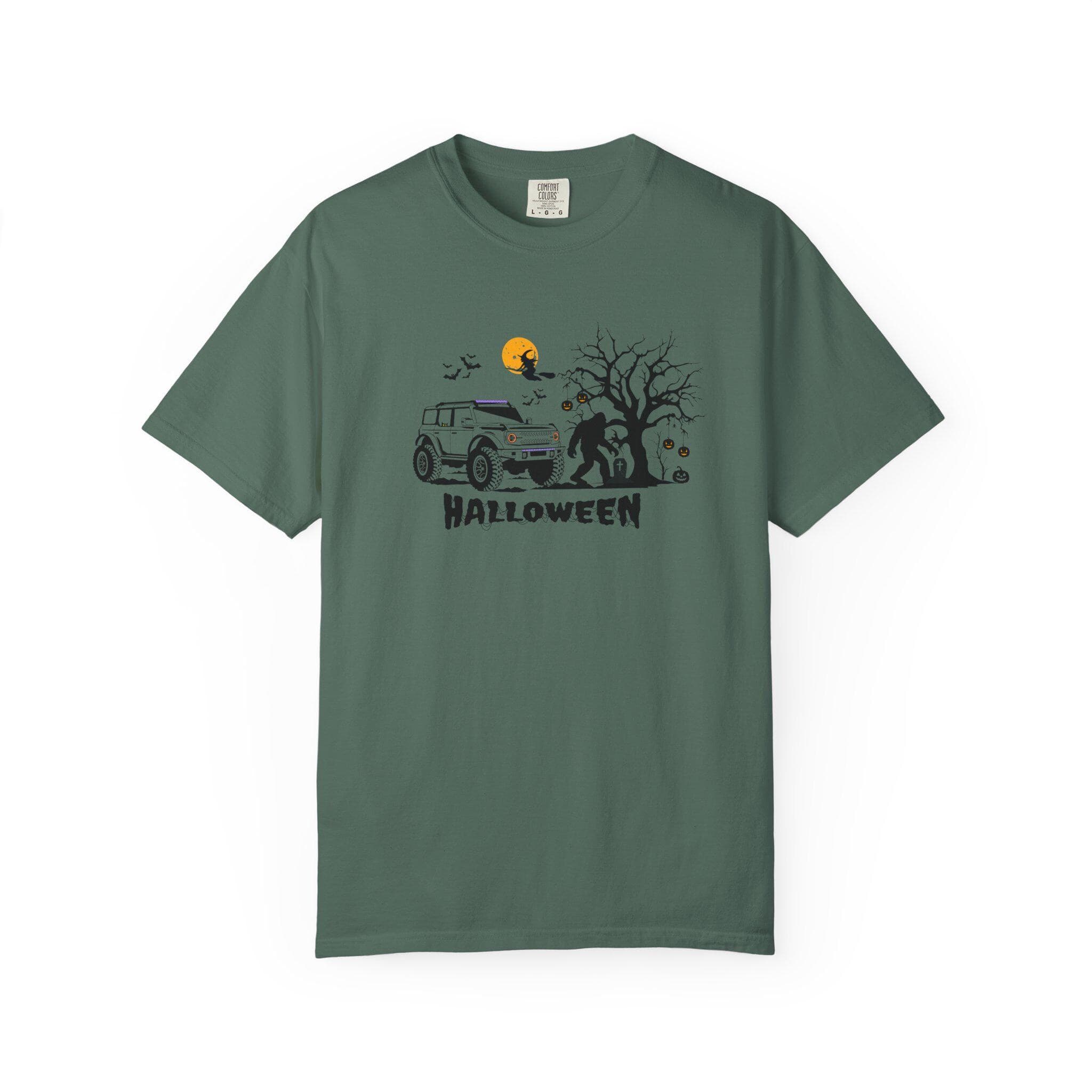 Spooky Vintage 4x4 SUV Halloween T-Shirt | Pumpkin Moon, Bare Tree Witch Tombstone Bats - image 4