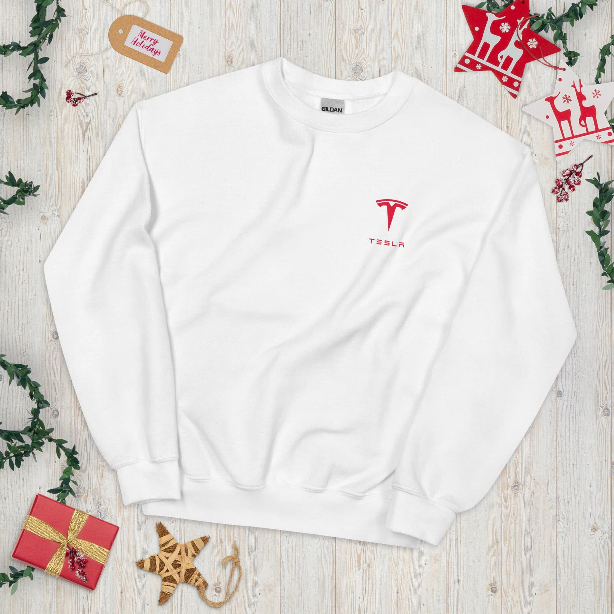 Tesla Lover Sweatshirt with emblem logo in red, great for model S, model 3, model Y and model X great Christmas present or gift