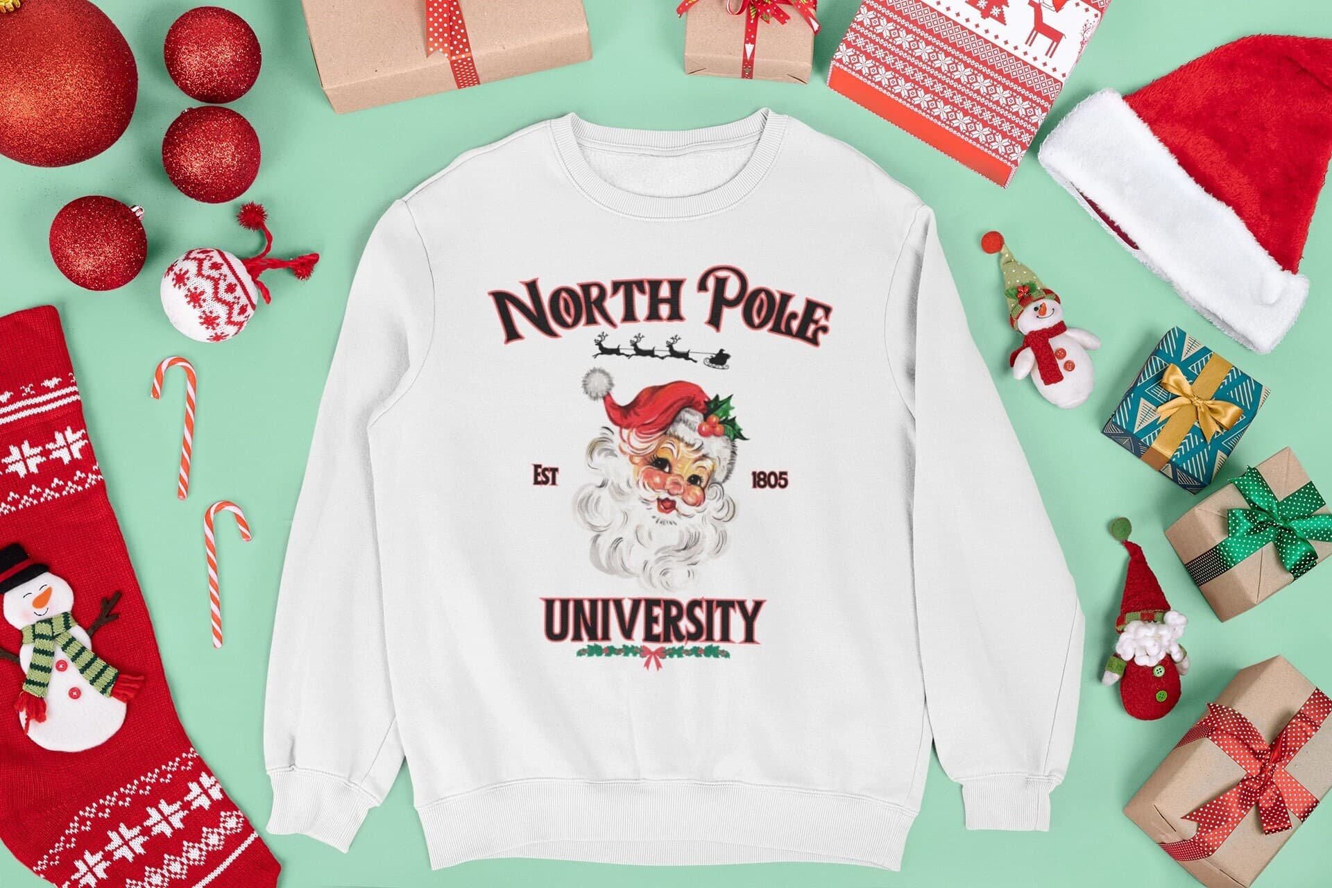 Christmas Santa Sweatshirt Santa Claus Xmas Pullover Holiday Sweater North Pole University Cute Trending Unisex Crewneck Sweatshirt