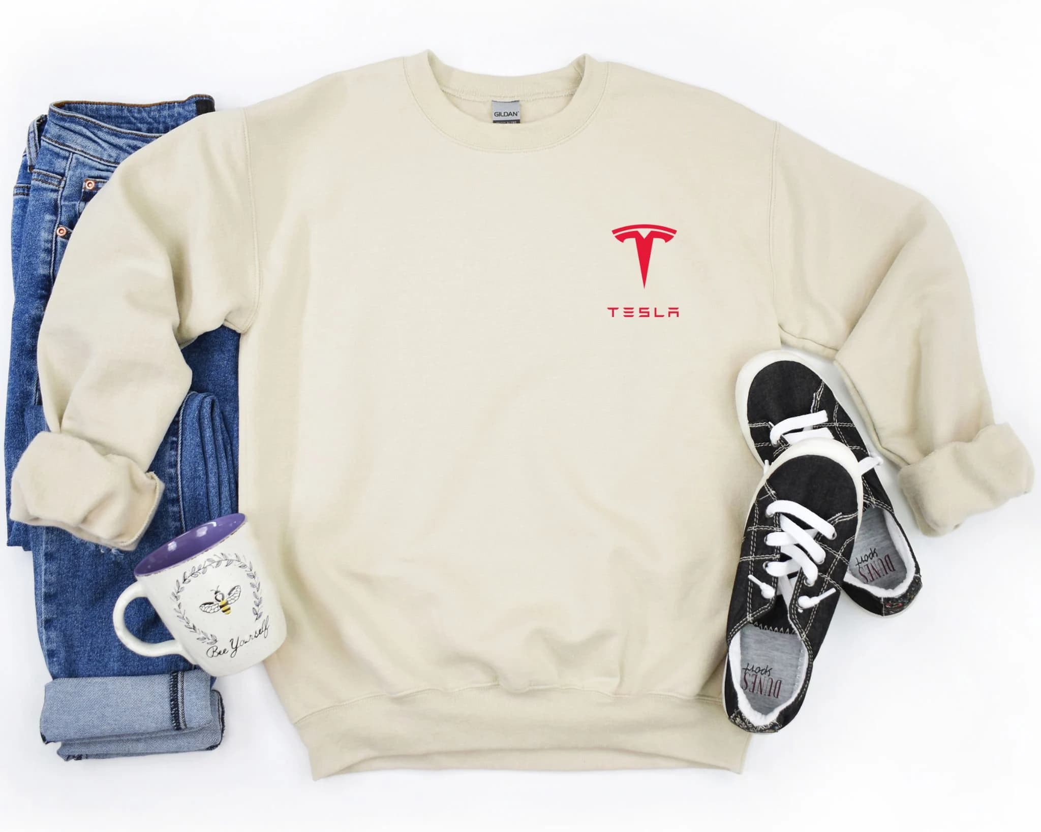 Tesla Lover Sweatshirt with emblem logo in red, great for model S, model 3, model Y and model X great Christmas present or gift - image 3
