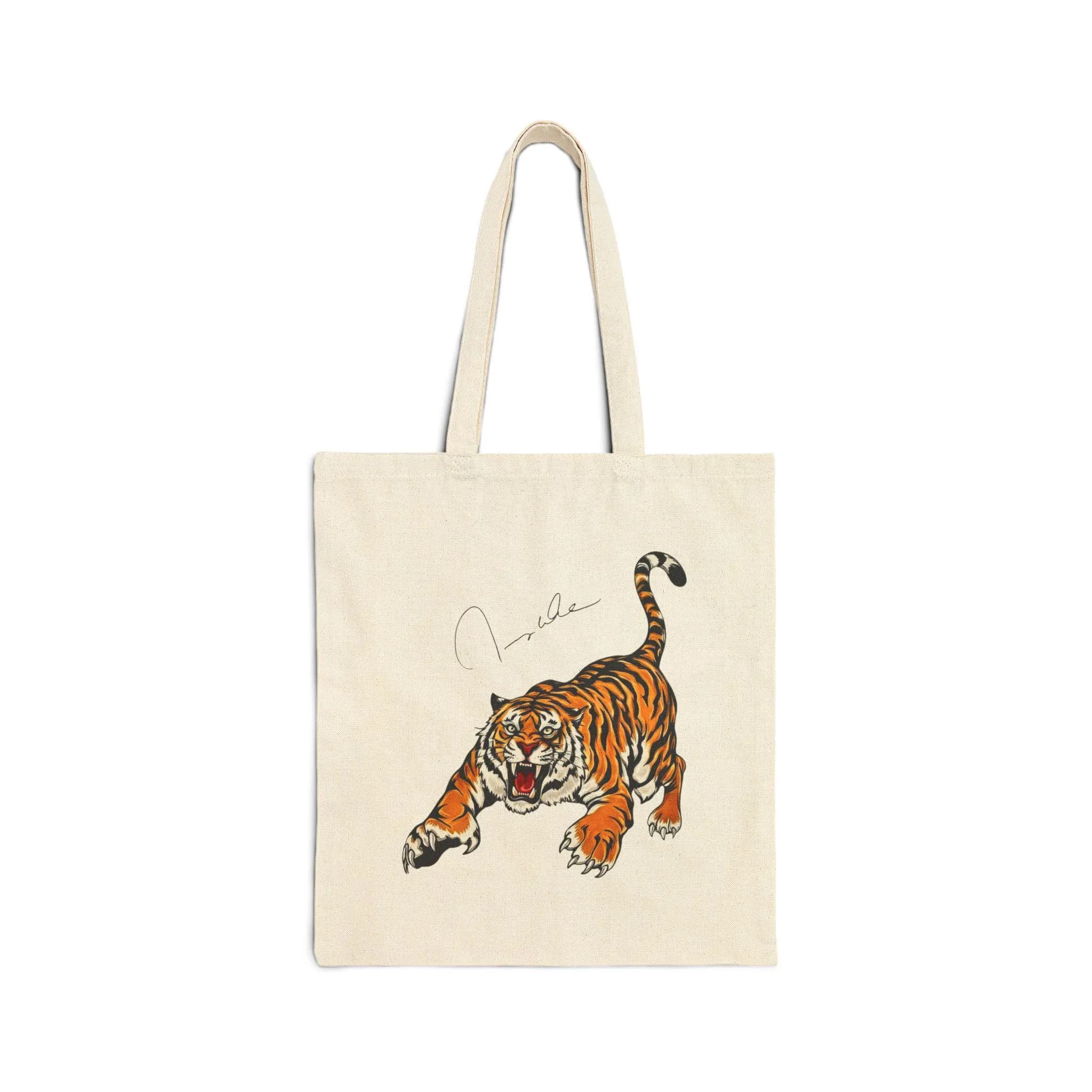 Imran Khan Cornered Tiger Illustration with Imran Khan Autograph printed Tote Bag | Vintage Wildlife Illustration, Canvas Shopper